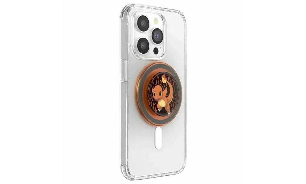 Przezroczyste etui na telefon z zamontowanym uchwytem POPSOCKETS MagSafe, ozdobionym grafiką przedstawiającą postać przypominającą Charmandera. Telefon ma widoczne cztery obiektywy aparatu.