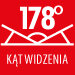 Czerwony kwadrat z białym tekstem \'178° KĄT WIDZENIA\' oraz graficznym symbolem przedstawiającym kąt.