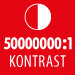 Czerwony kwadrat z białym symbolem koła podzielonego na pół oraz tekstem \'50000000:1 KONTRAST\'.
