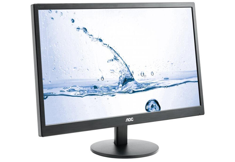 Monitor z logo \'AOC\' na dolnej ramce, wyświetlający obraz z wodą i rozpryskiem na ekranie. Monitor ma czarną podstawę i cienkie ramki.