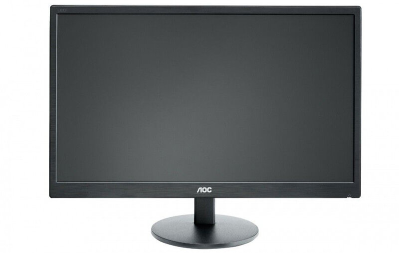 Monitor z czarną ramką i logo AOC na dolnej krawędzi. Ekran jest wyłączony, a monitor stoi na okrągłej podstawie.