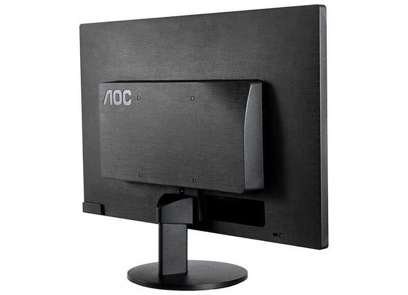 Monitor w kolorze czarnym widoczny od tyłu, z logo \'AOC\' na obudowie. Monitor jest zamontowany na okrągłej podstawie.