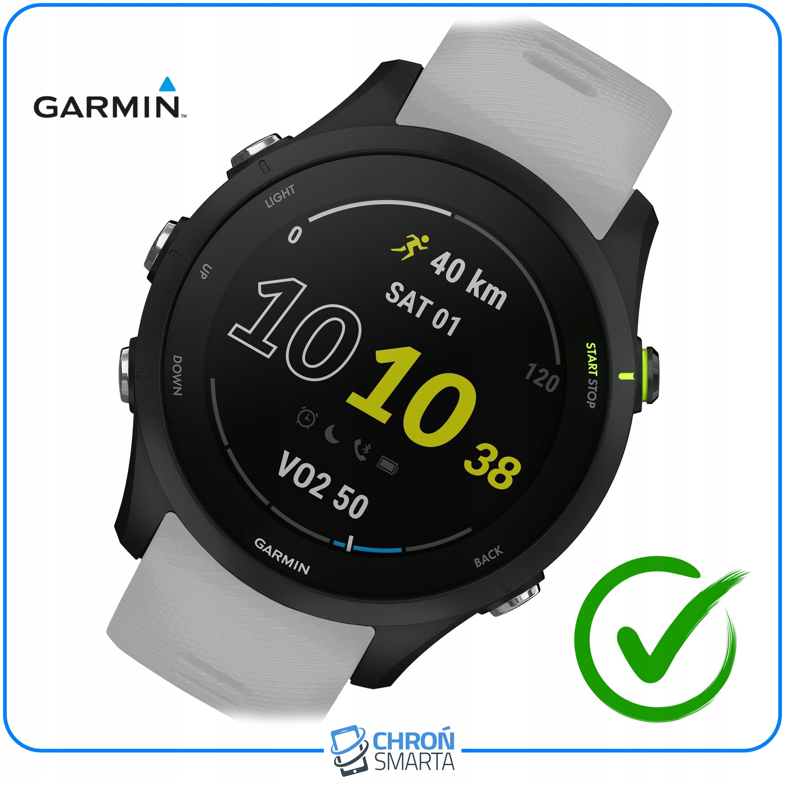 Smartwatch z czarną kopertą i białym paskiem, na ekranie widoczne są dane takie jak \'40 km\', \'SAT 01\', \'10:38\', \'VO2 50\'. Logo \'GARMIN\' znajduje się w lewym górnym rogu, a na dole widoczne jest logo \'CHROŃ SMARTA\'.