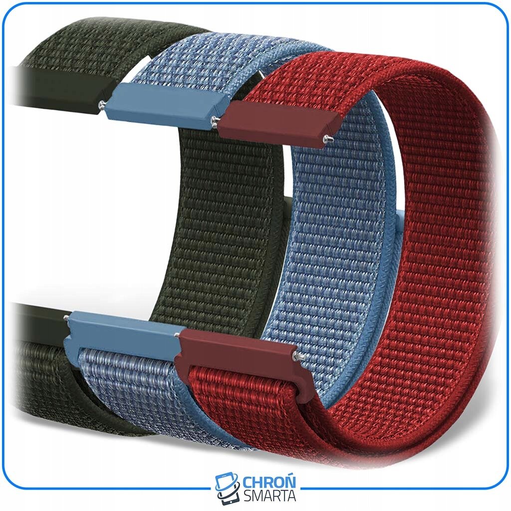 Obraz przedstawia trzy paski do smartwatcha w kolorach zielonym, niebieskim i czerwonym. Na dole widoczne jest logo \'CHROŃ SMARTA\'.