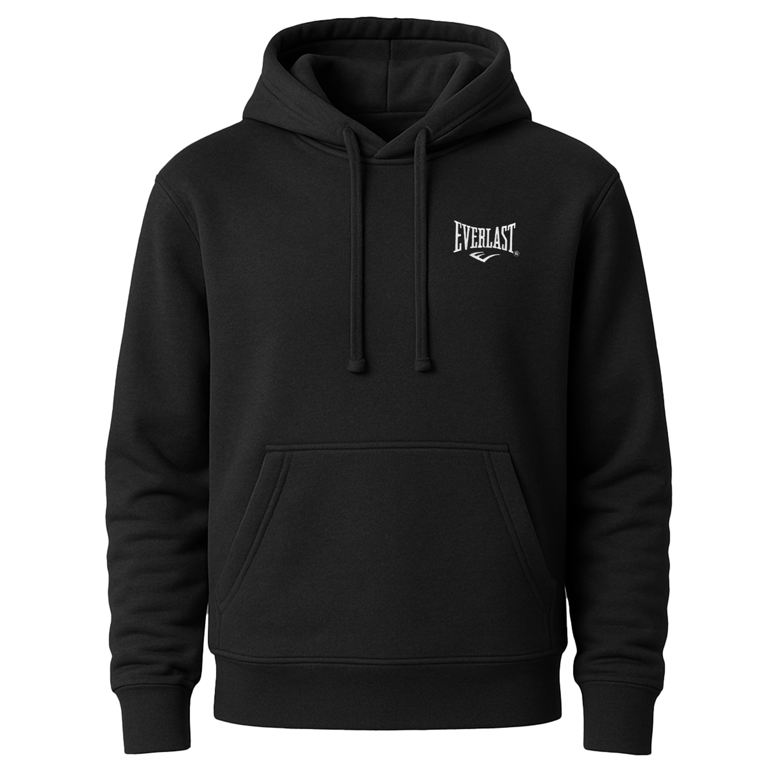 Czarna bluza z kapturem i kieszenią typu kangurka, z białym logo \'Everlast\' na piersi.