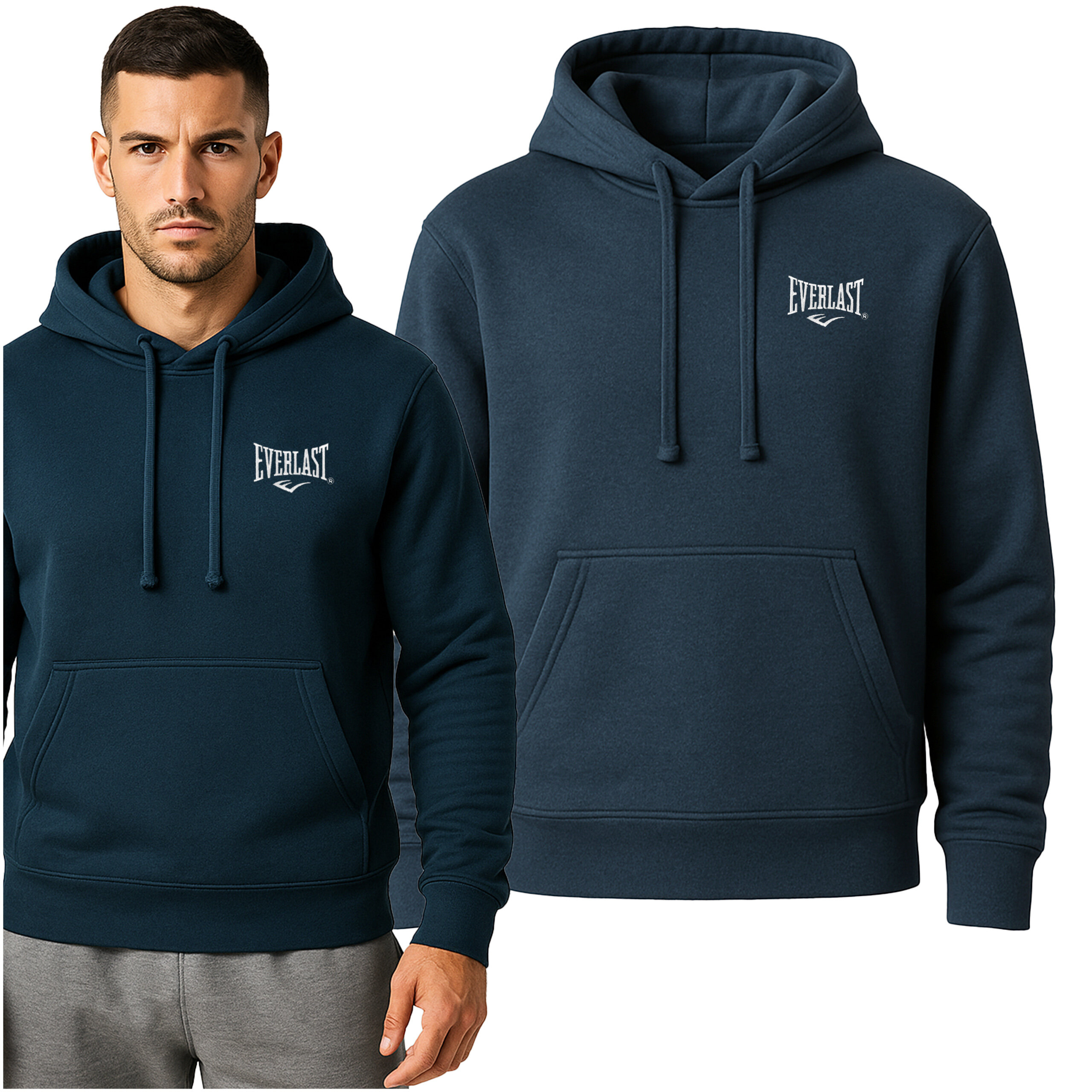 Na obrazie widoczna jest ciemna bluza z kapturem z logo \'Everlast\' na piersi. Obok bluzy stoi mężczyzna ubrany w identyczną bluzę.