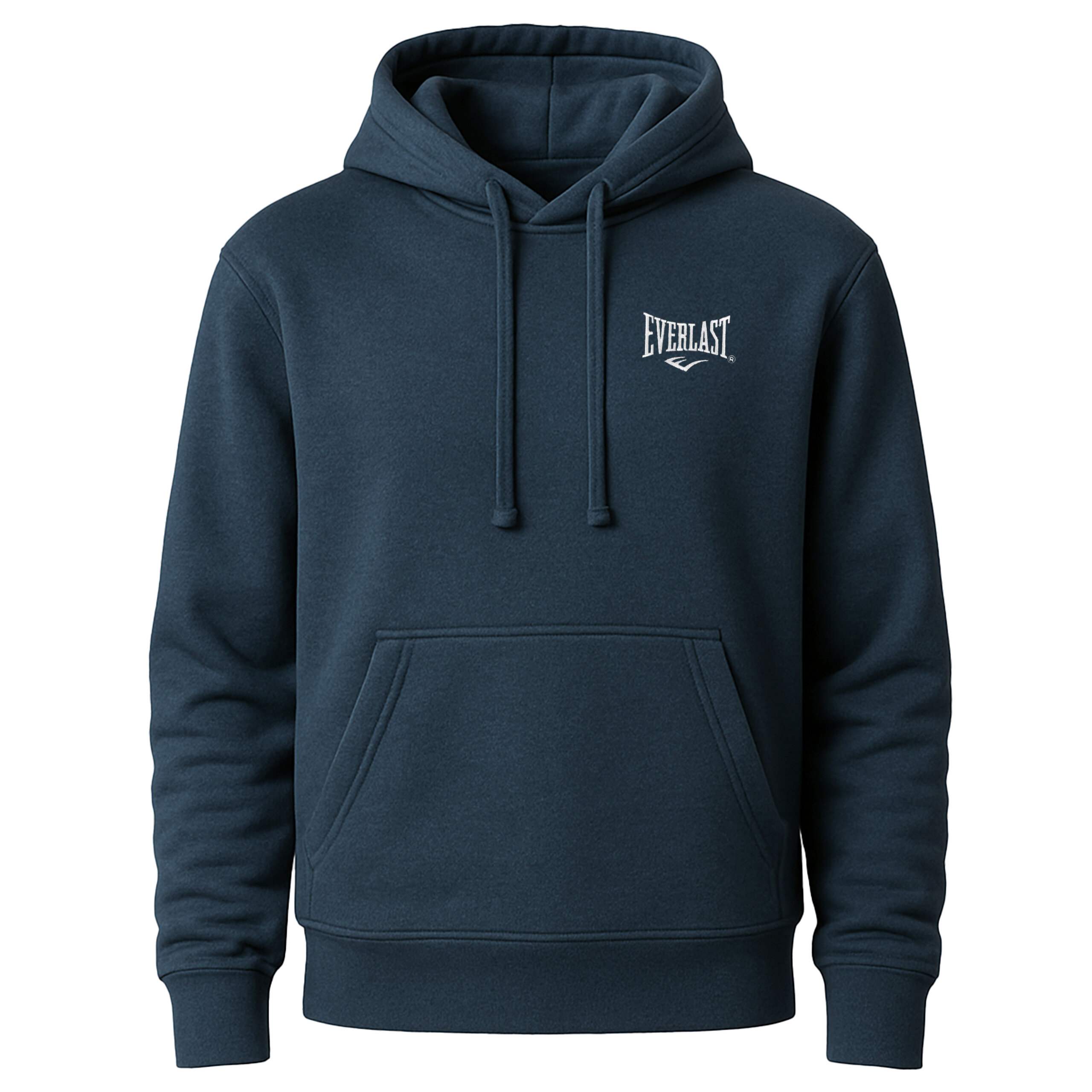 Granatowa bluza z kapturem i kieszenią typu kangurka, z białym logo \'Everlast\' na piersi.