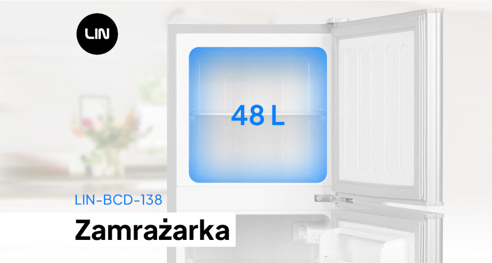 Obraz przedstawia otwartą zamrażarkę z napisem \'48L\' na niebieskim tle. Widoczne są również teksty \'LIN-BCD-138\' oraz \'Zamrażarka\', a w rogu znajduje się logo \'LIN\'.