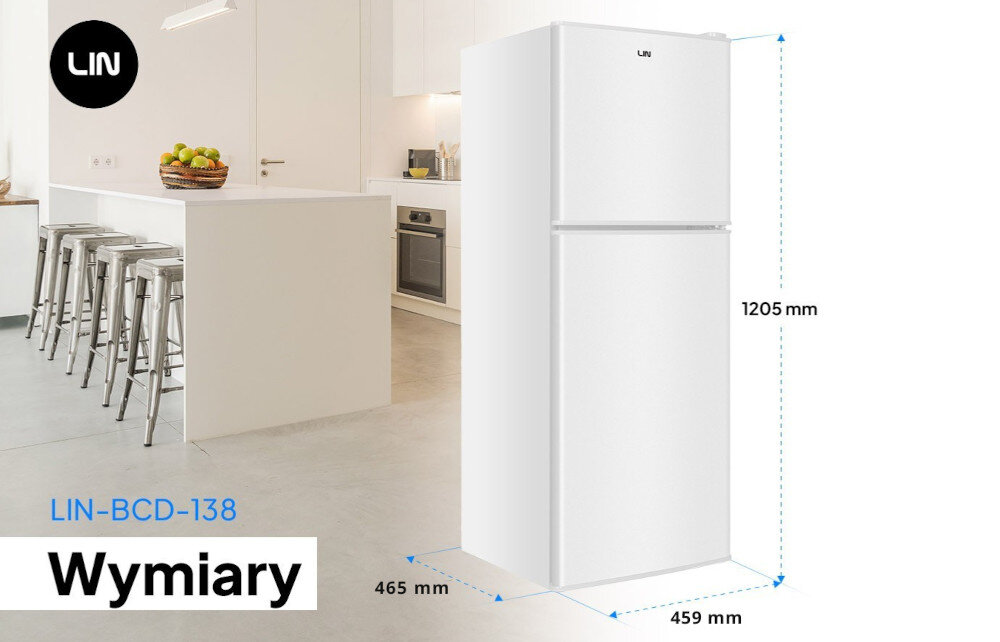 Biała lodówka LIN LI-BCD-138 o wymiarach 1205 mm wysokości, 465 mm głębokości i 459 mm szerokości stoi w nowoczesnej kuchni. Na obrazie widoczne jest logo LIN oraz napis \'Wymiary\'.