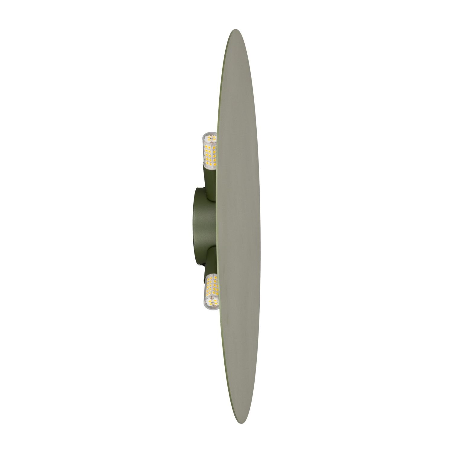 Zielona lampa ścienna o nowoczesnym designie, wykonana z metalu, z czterema żarówkami typu G9. Lampa ma okrągły kształt i jest widoczna z profilu.