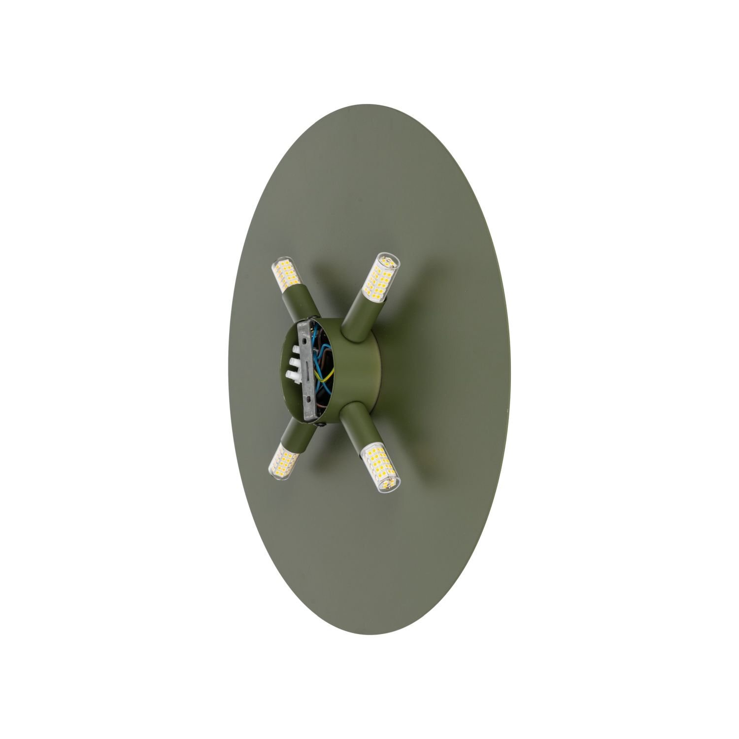 Zielona lampa ścienna z czterema żarówkami LED na okrągłej metalowej podstawie. Lampa ma nowoczesny design i widoczne elementy montażowe.