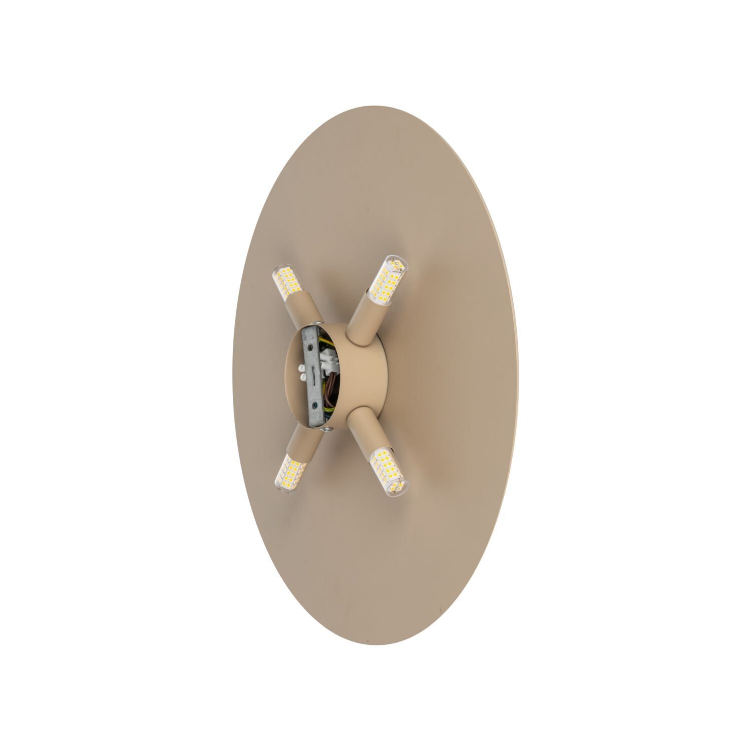 Beżowy kinkiet ścienny o okrągłej podstawie z czterema wystającymi żarówkami LED. Lampa ma nowoczesny design i jest przeznaczona do montażu na ścianie.