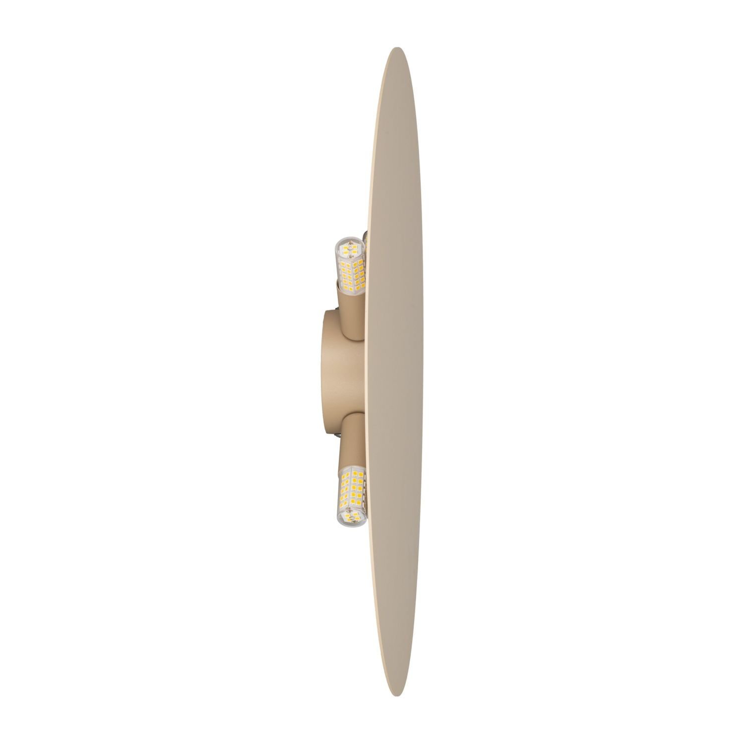 Beżowy kinkiet ścienny o smukłej konstrukcji z dwoma widocznymi żarówkami LED. Lampa ma okrągły kształt i minimalistyczny design.