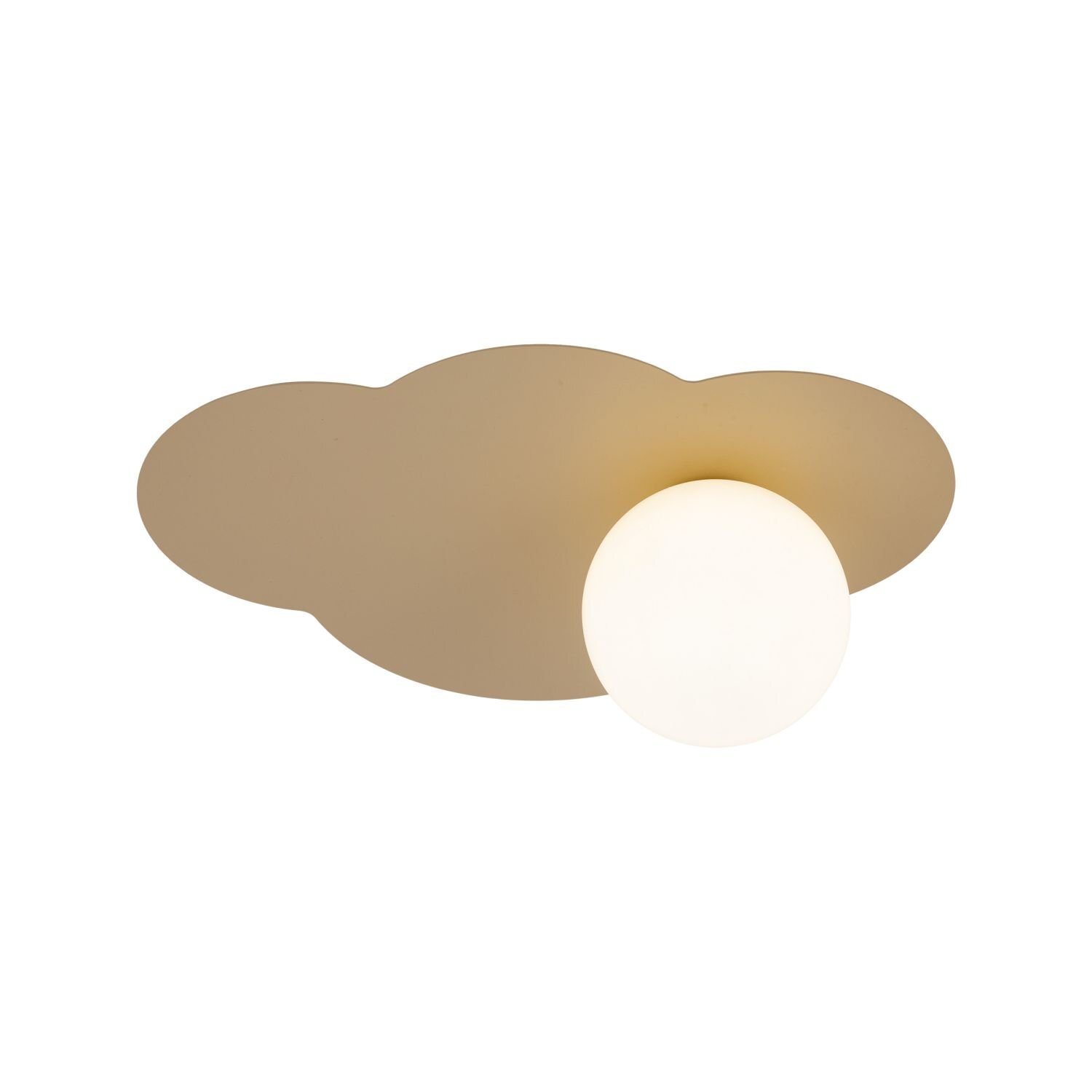 Lampa sufitowo-ścienna w kształcie chmury z beżowym tłem i białą, kulistą żarówką. Produkt ma nowoczesny design, odpowiedni do salonu i sypialni.