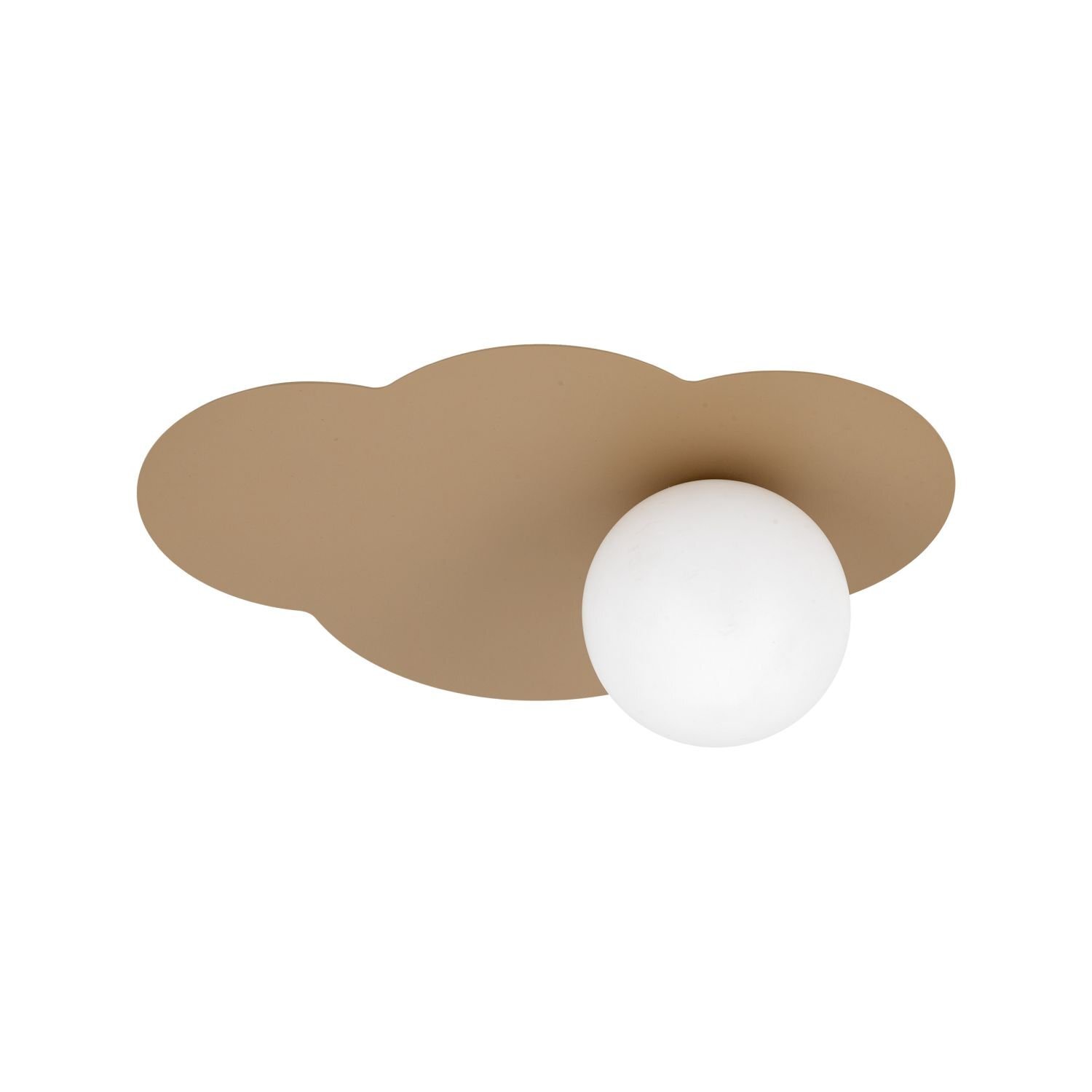 Lampa sufitowo-ścienna z beżowym, chmurkowym kloszem i białą kulistą żarówką. Nowoczesny design, odpowiednia do salonu i sypialni.