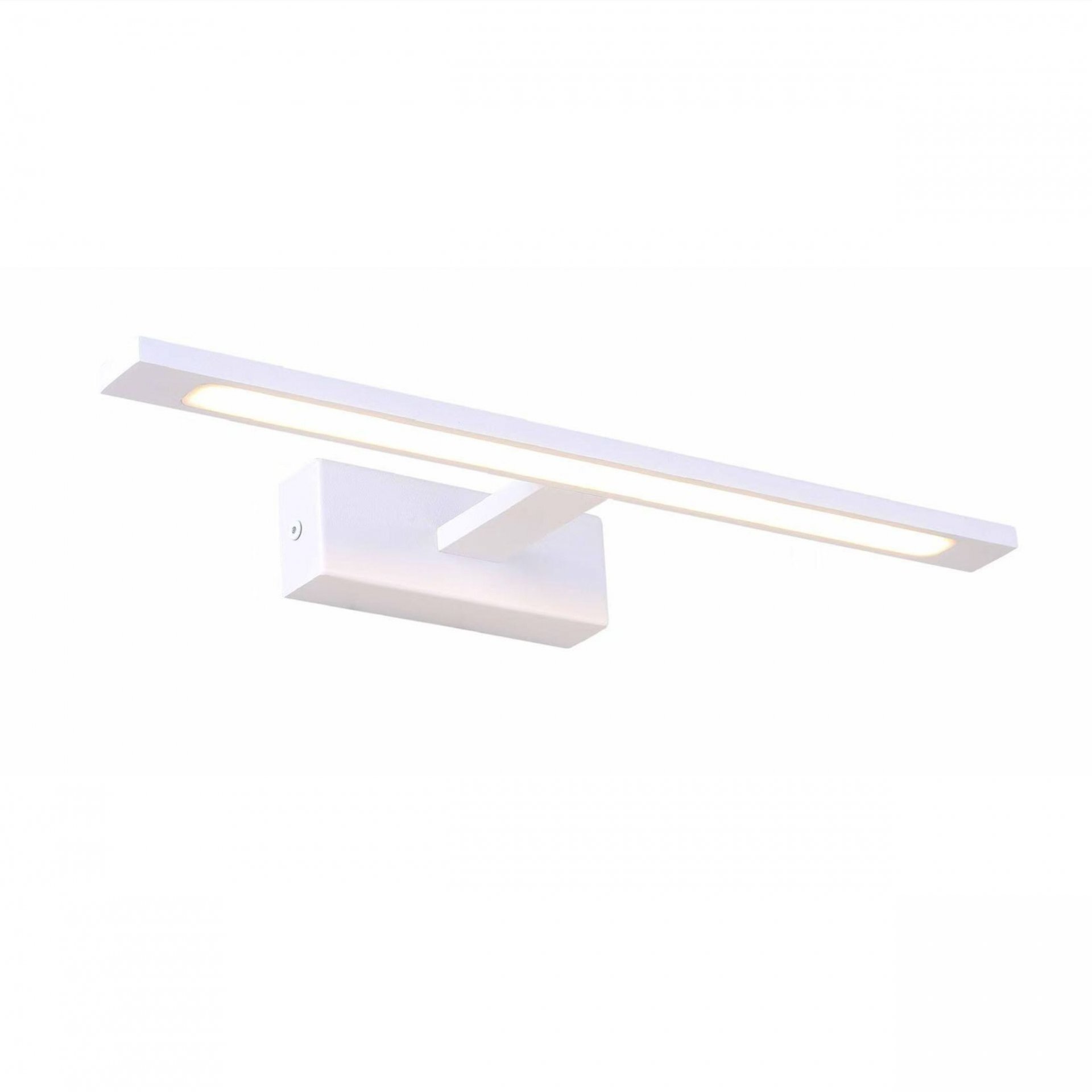 Biała lampa LED o prostokątnym kształcie, przeznaczona do montażu nad lustrem. Posiada prosty, nowoczesny design z wbudowanym źródłem światła.