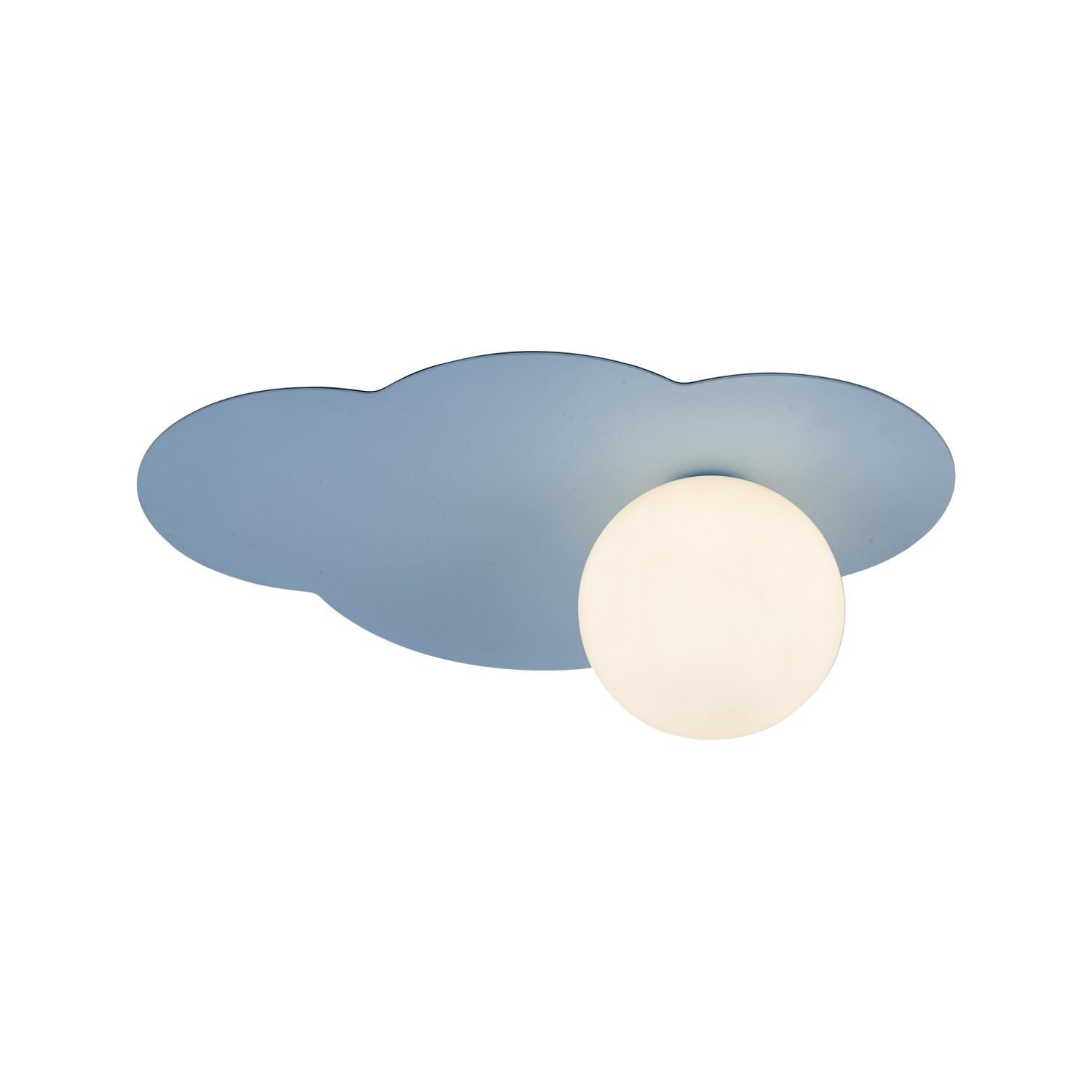 Lampa sufitowo-ścienna w kształcie chmury, z niebieskim tłem i białym, kulistym kloszem. Nowoczesny design, odpowiednia do salonu i sypialni.