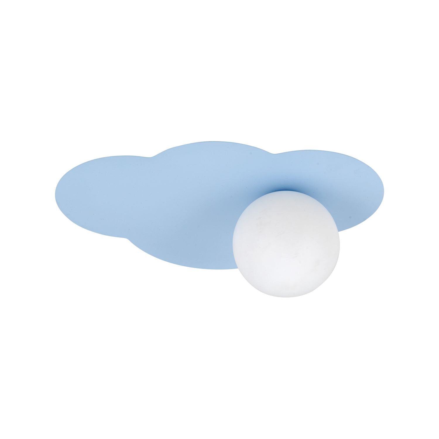 Lampa sufitowo-ścienna w kształcie chmury, w kolorze biało-niebieskim, z okrągłym, białym kloszem. Produkt nowoczesny, przeznaczony do salonu i sypialni.