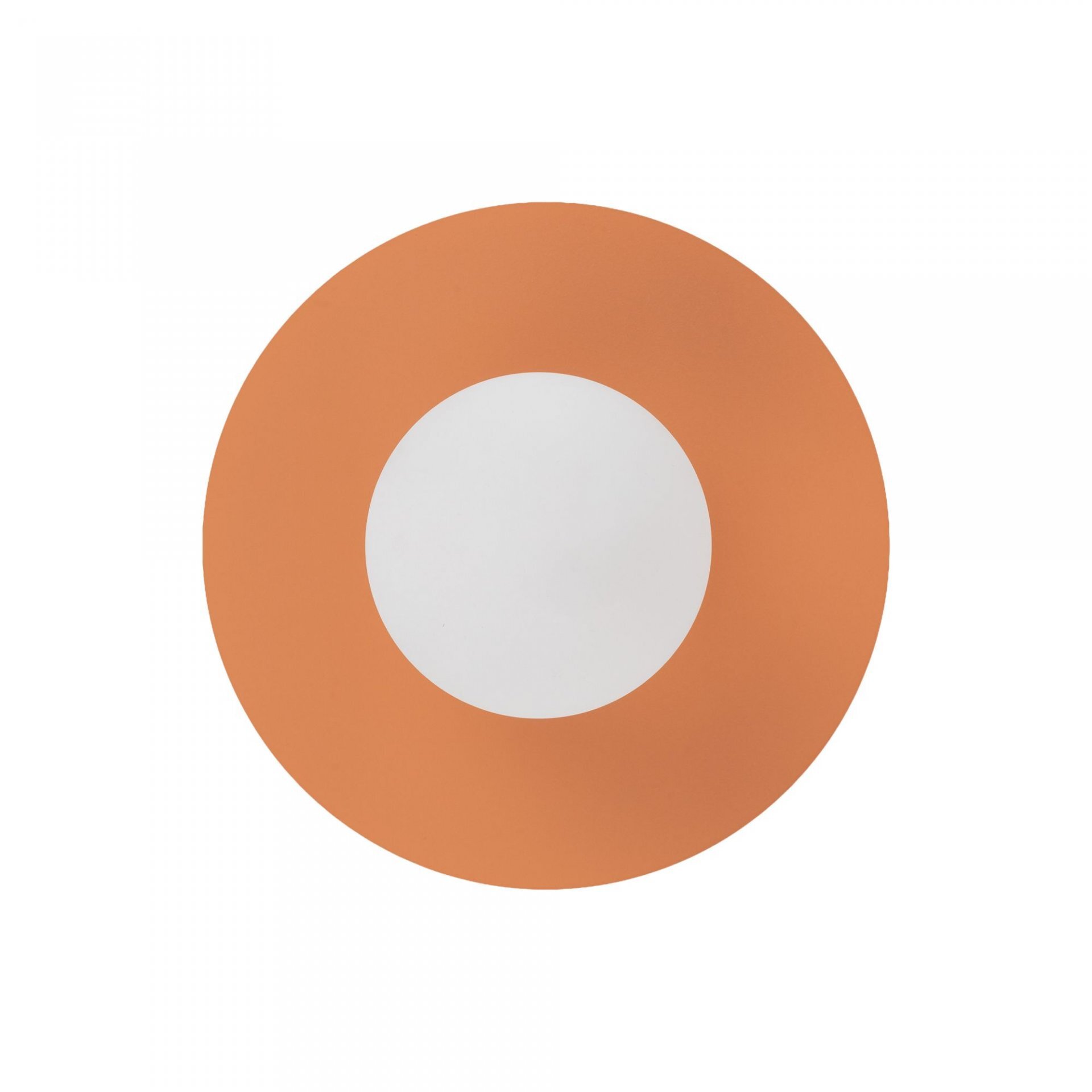 Okrągła lampa w kolorze łososiowym z białym środkiem. Minimalistyczny design, przeznaczona do montażu na ścianie lub suficie.