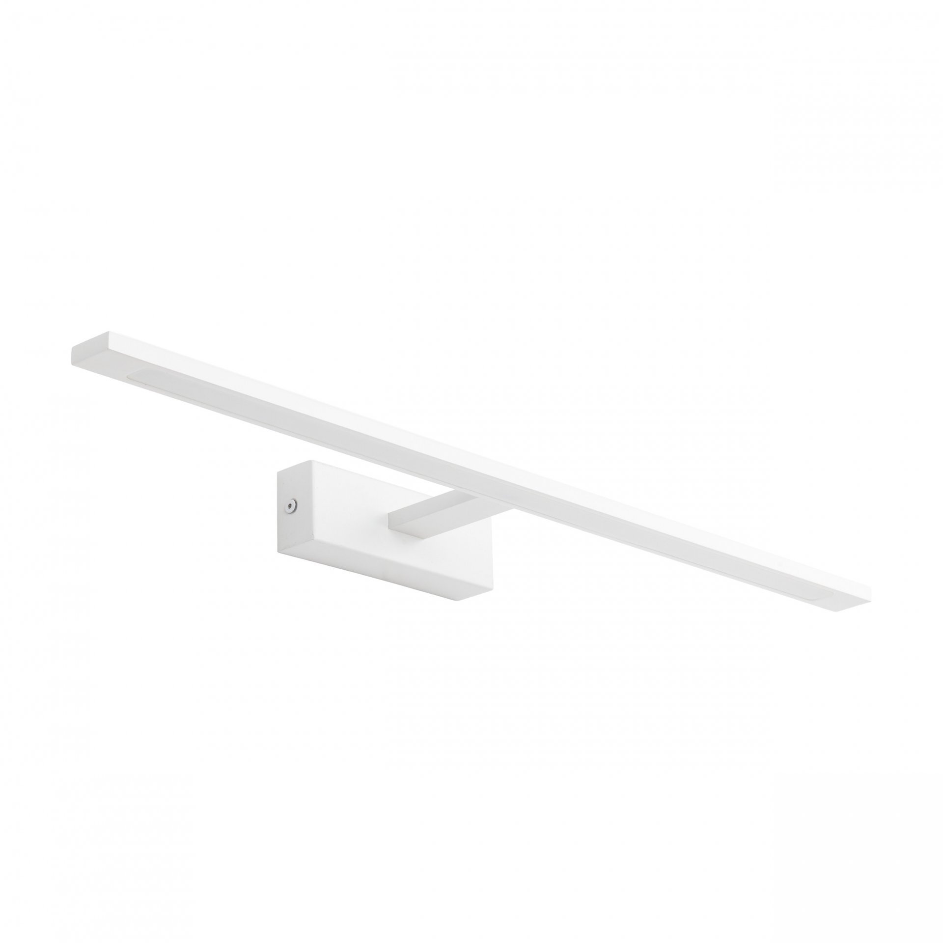Biała lampa ścienna LED o prostokątnym kształcie, z długim, wąskim panelem świetlnym zamocowanym na krótkim ramieniu. Lampa ma minimalistyczny design, odpowiednia do montażu nad lustrem.
