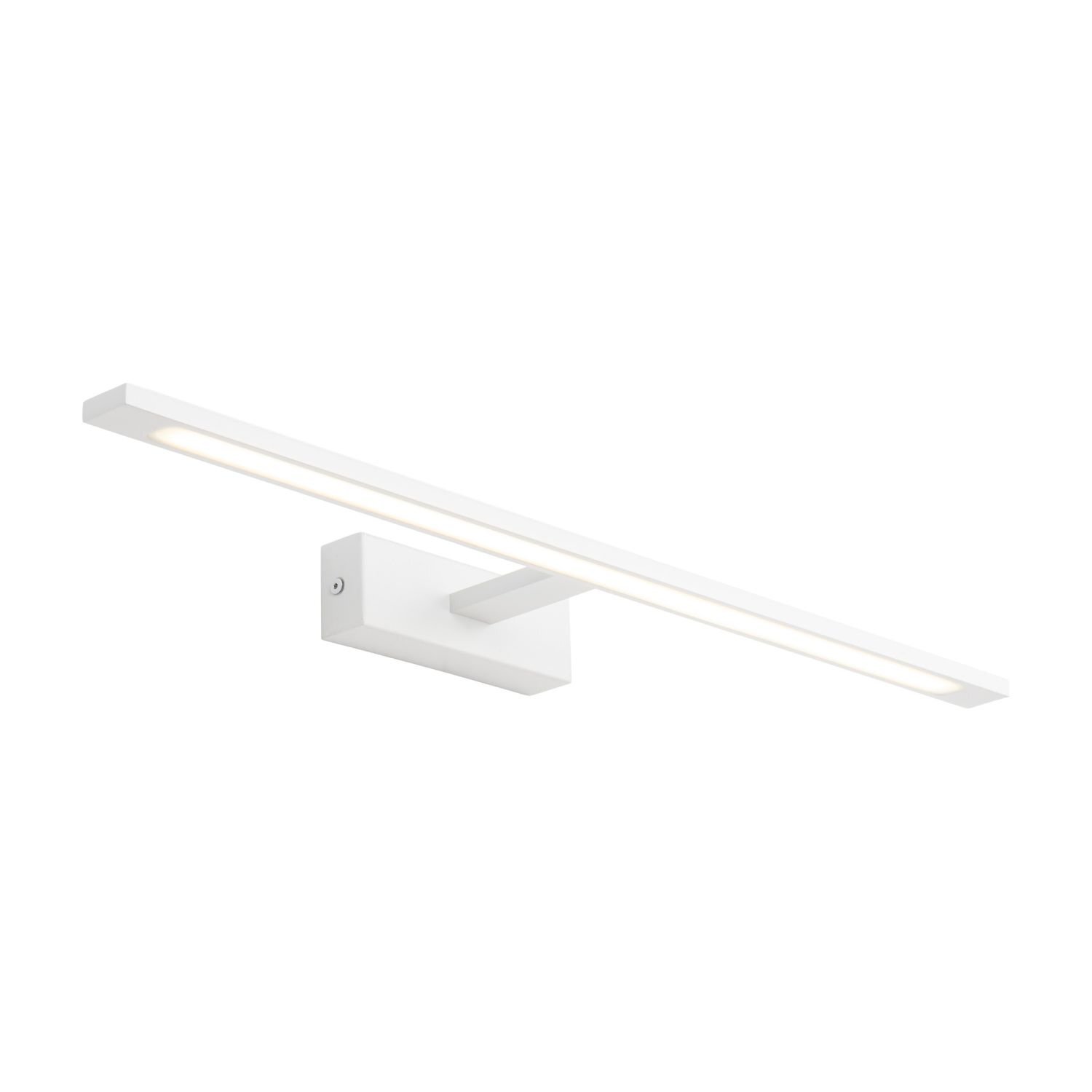 Biała lampa ścienna LED o prostokątnym kształcie, przeznaczona do montażu nad lustrem. Posiada prosty, nowoczesny design z wbudowanym źródłem światła.