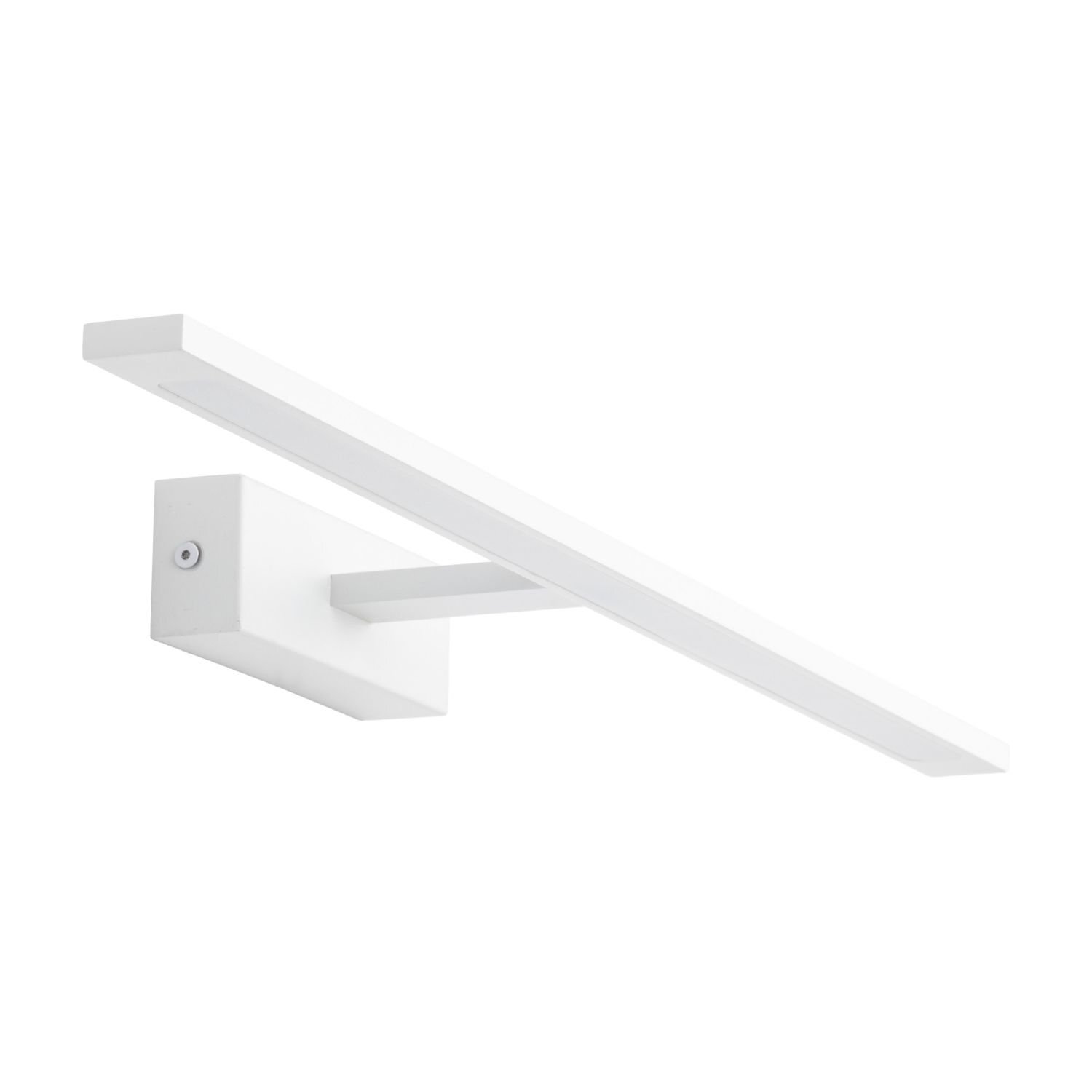 Biała lampa ścienna LED o prostokątnym kształcie, z długim, płaskim panelem świetlnym zamontowanym na prostokątnej podstawie. Lampa ma nowoczesny design i jest przeznaczona do montażu nad lustrem.
