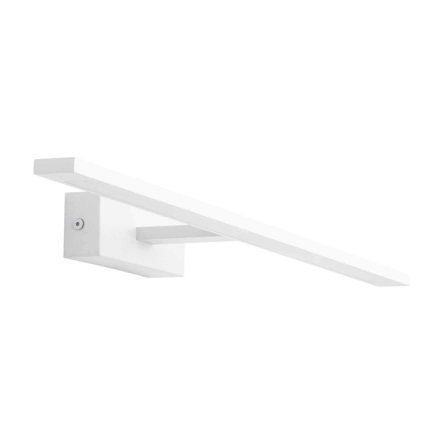 Biała lampa ścienna LED o prostokątnym kształcie, zamontowana na prostokątnej podstawie. Lampa ma minimalistyczny design i jest przeznaczona do montażu nad lustrem.