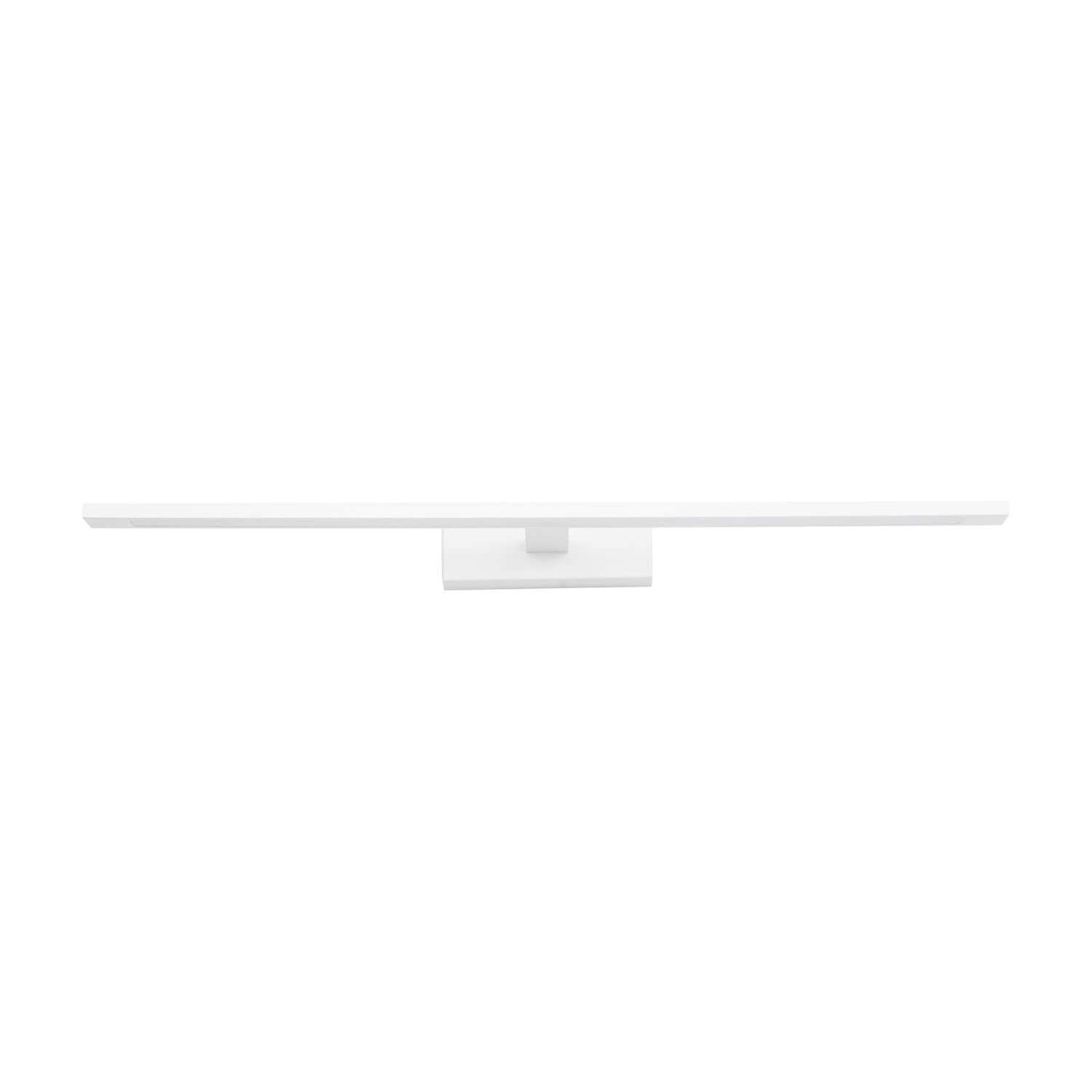 Biała lampa ścienna LED o prostokątnym kształcie, przeznaczona do montażu nad lustrem. Lampa ma minimalistyczny design i jest zamocowana na prostokątnej podstawie.