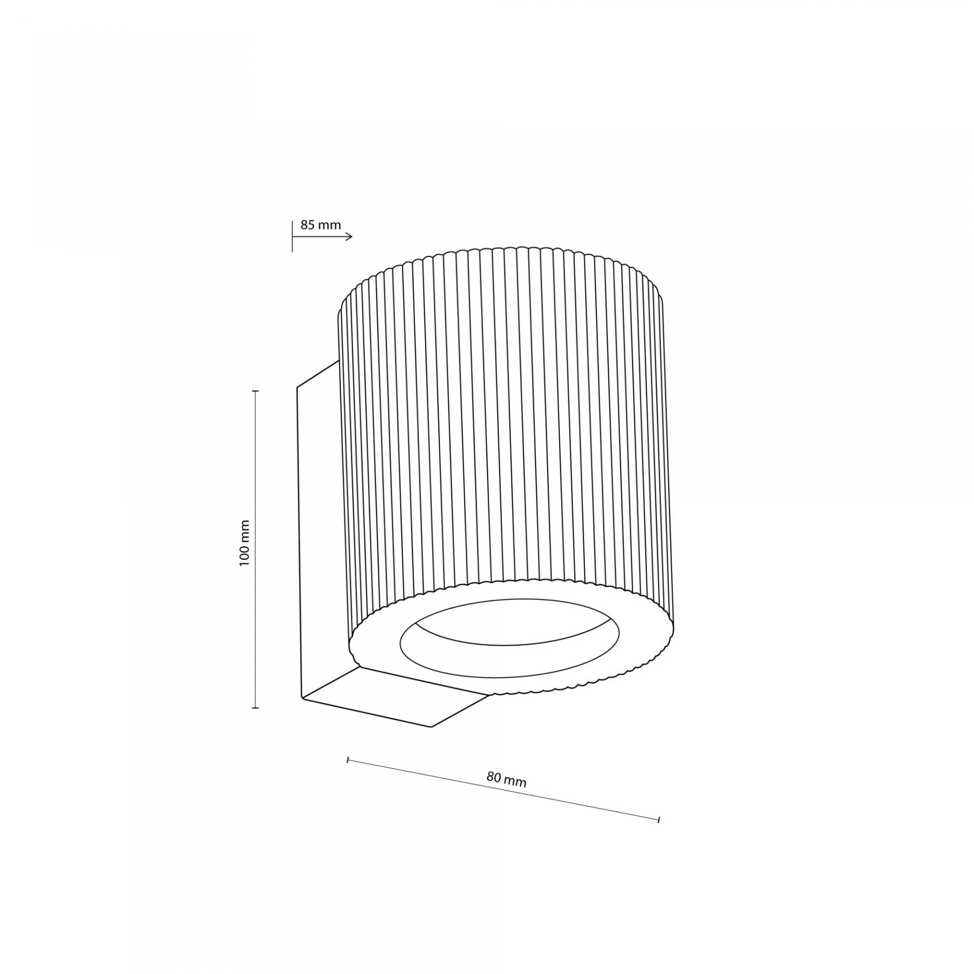 Schematyczny rysunek lampy ściennej z cylindrycznym kloszem o żebrowanej powierzchni. Wymiary: wysokość 100 mm, szerokość 80 mm, głębokość 85 mm.