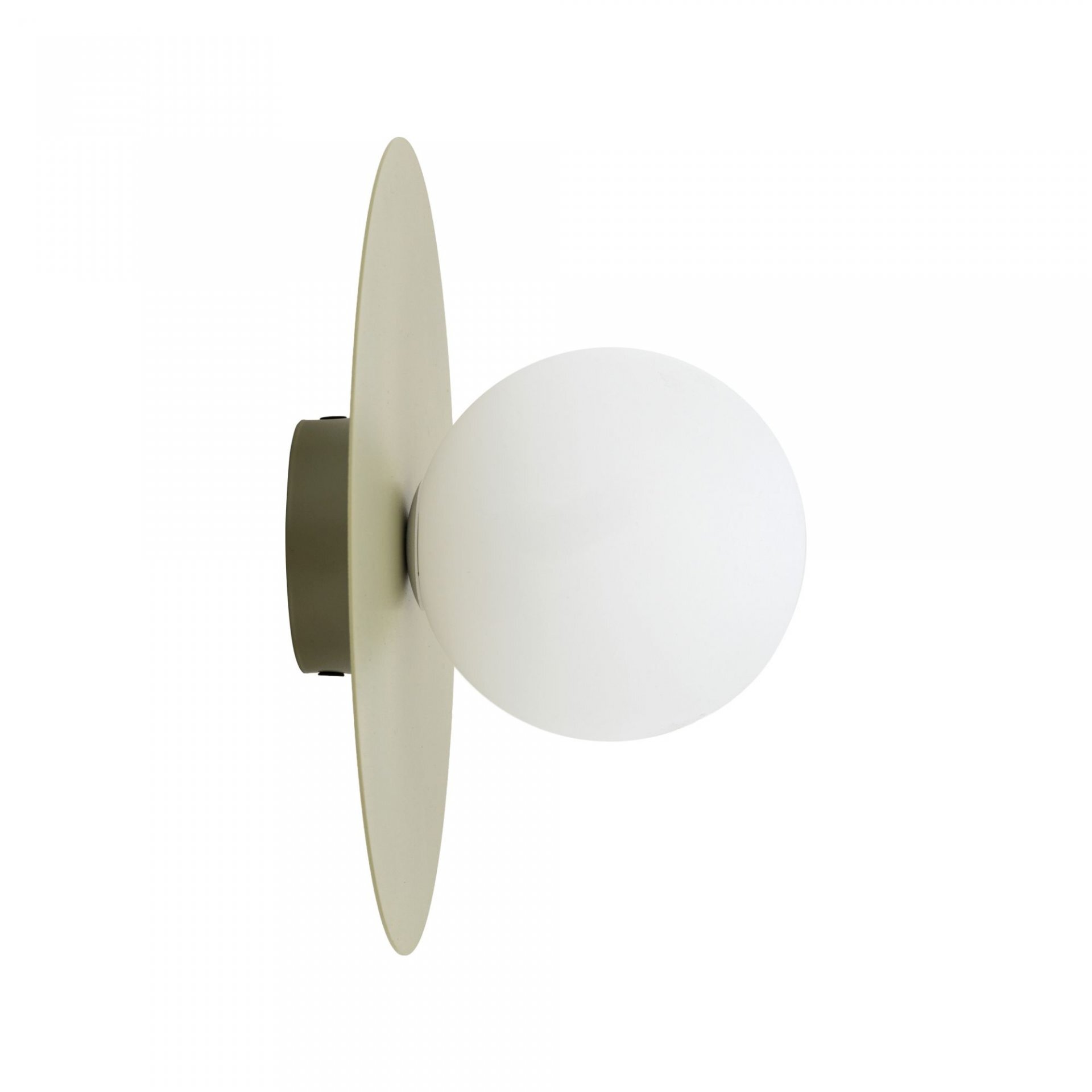 Na obrazie widoczna jest nowoczesna lampa ścienno-sufitowa z okrągłym, białym kloszem i pistacjową podstawą. Lampa ma prosty, minimalistyczny design.