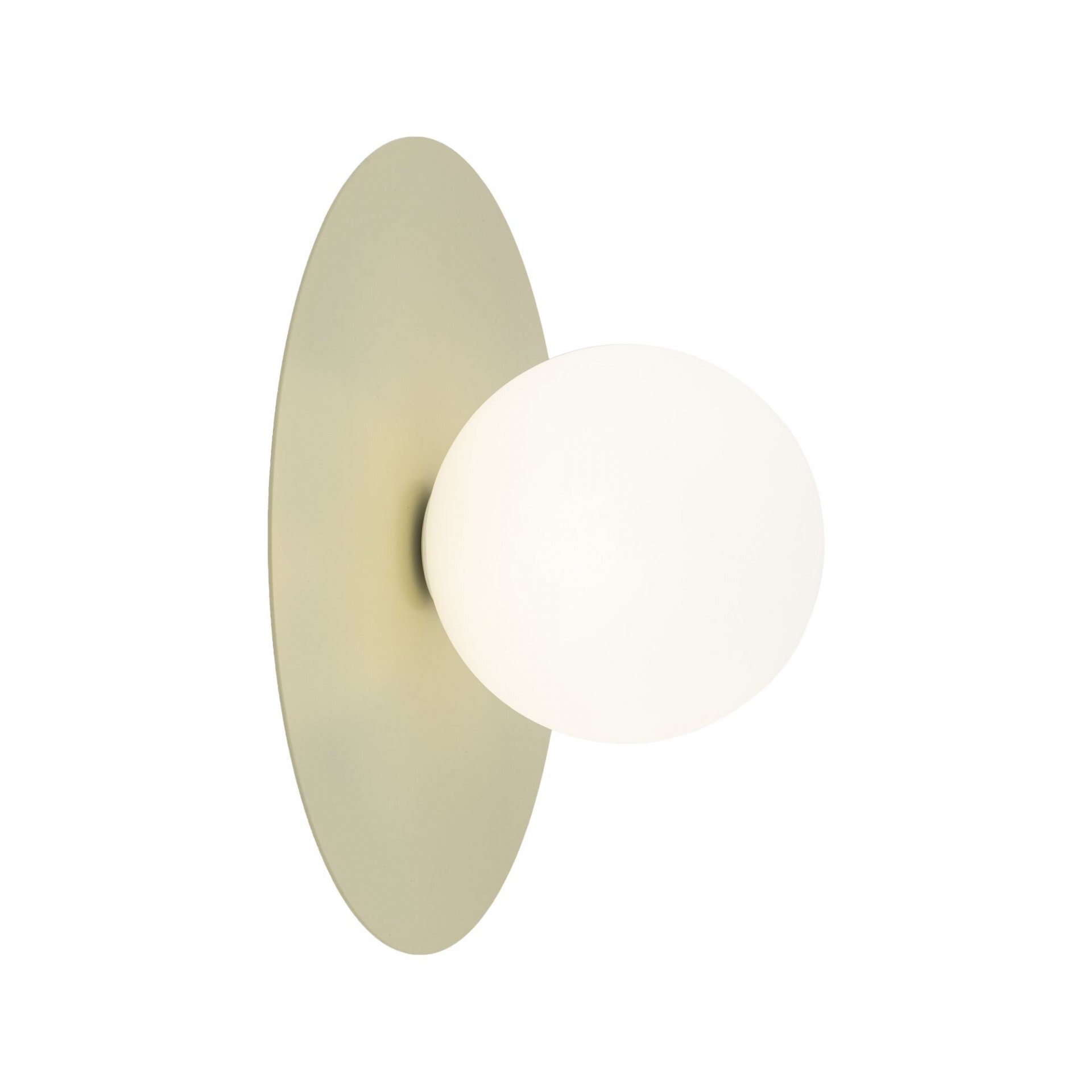Na obrazie widoczna jest nowoczesna lampa ścienno-sufitowa z pistacjowym, owalnym panelem i białą, kulistą osłoną na żarówkę. Lampa ma minimalistyczny design i jest przeznaczona do montażu na ścianie lub suficie.