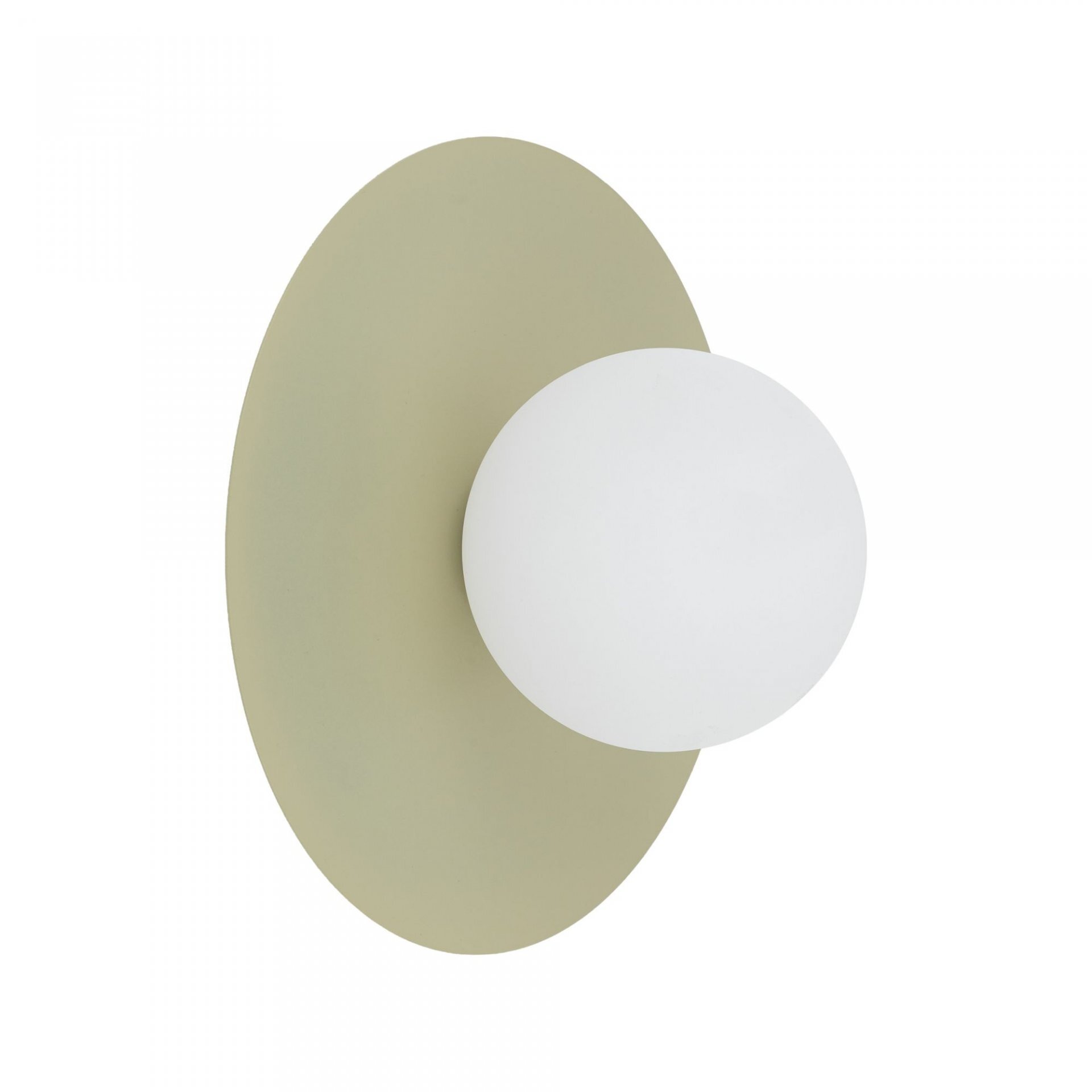 Lampa ścienno-sufitowa w kolorze pistacjowym z okrągłym, białym kloszem. Klosz zamontowany jest na owalnej podstawie.