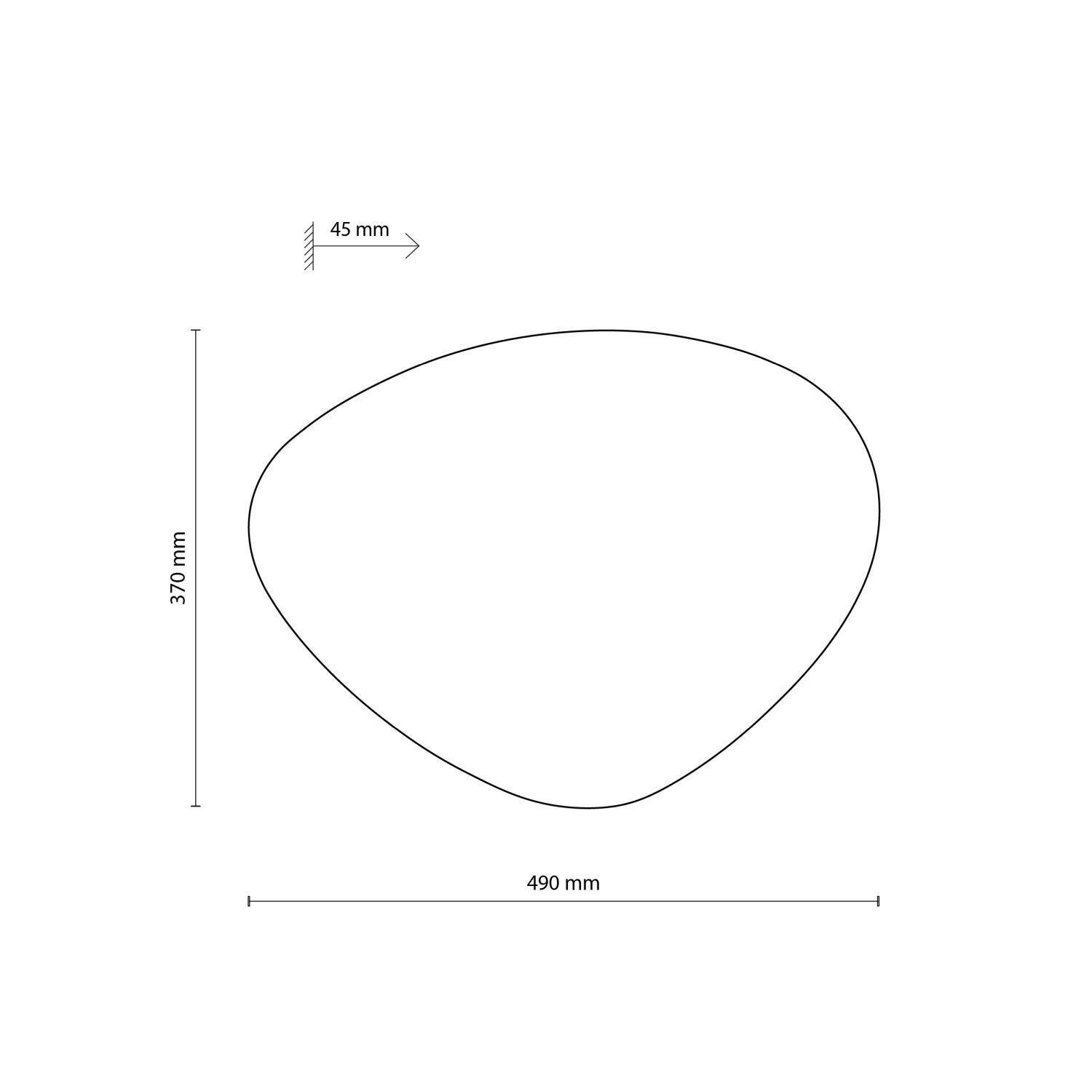 Schematyczny rysunek przedstawiający kształt o wymiarach 370 mm na 490 mm z zaznaczoną głębokością 45 mm.