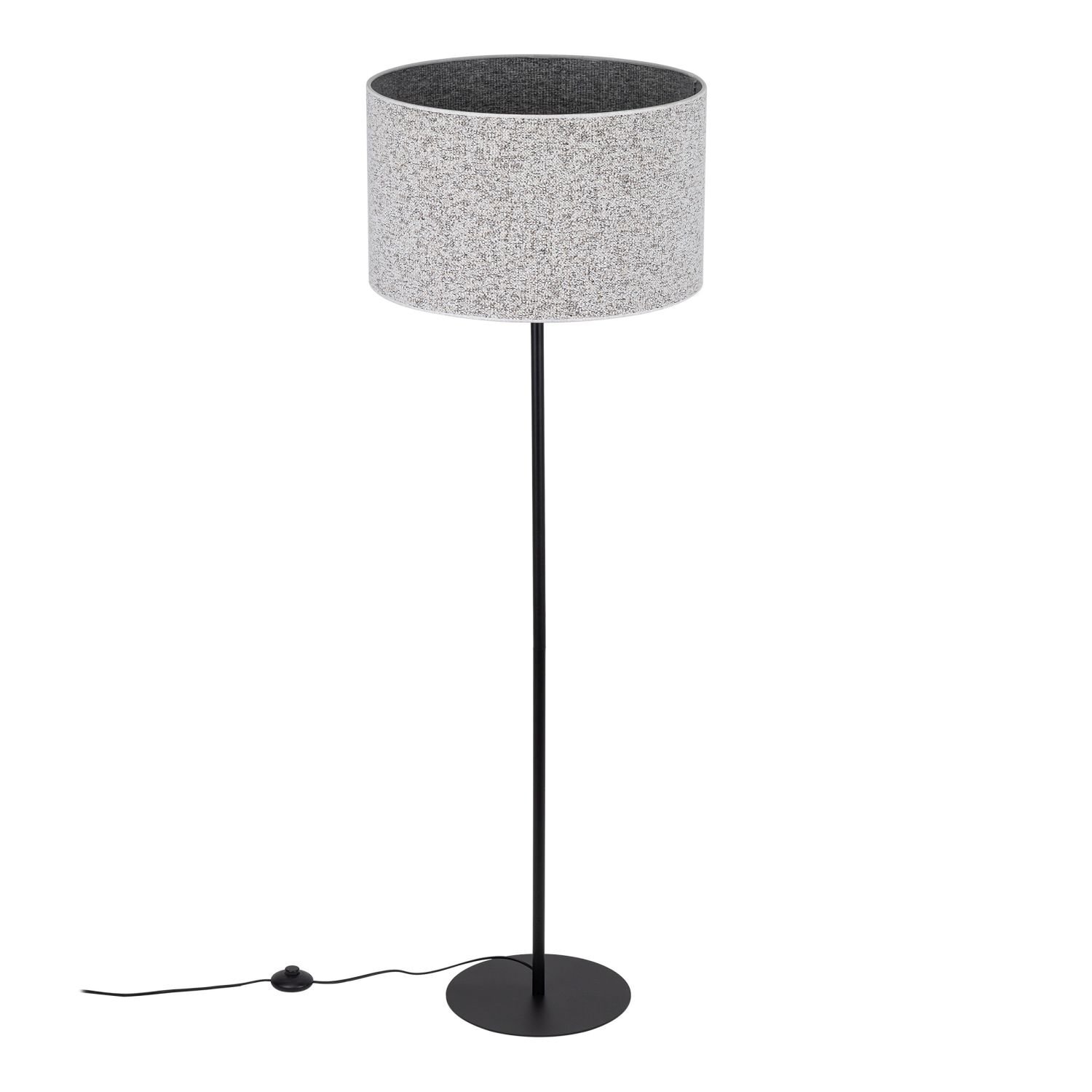 Lampa podłogowa z czarną podstawą i szarym abażurem. Posiada włącznik nożny na przewodzie.