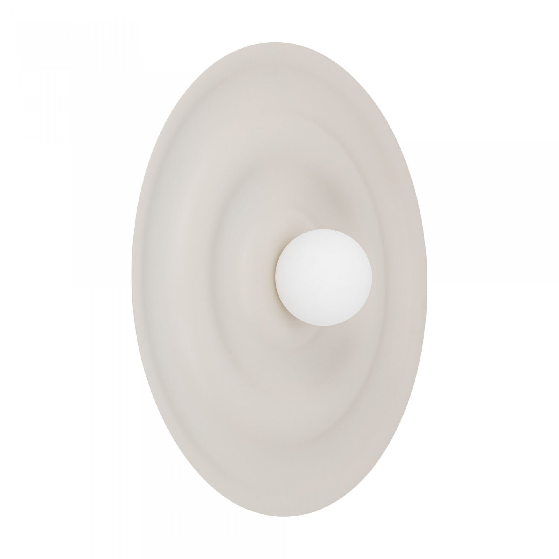 Na obrazie widoczna jest lampa ścienno-sufitowa o owalnym kształcie w kolorze kaszmiru z centralnie umieszczoną białą kulą. Lampa ma elegancki, nowoczesny design.