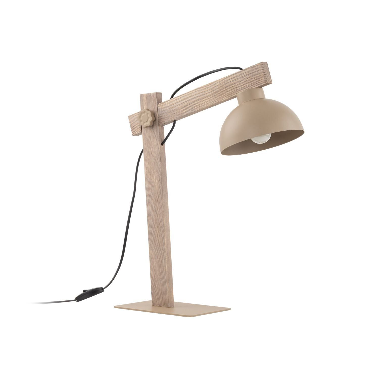 Beżowa lampa biurkowa z metalowym kloszem i drewnianą podstawą, z widocznym przewodem zasilającym. Lampa ma regulowane ramię i stoi na prostokątnej podstawie.
