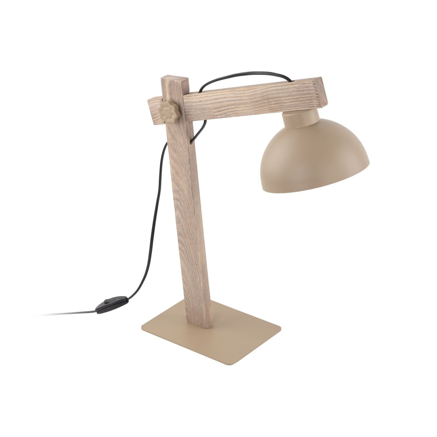Beżowa lampa biurkowa z regulowanym ramieniem wykonanym z drewna i metalu, z kloszem w kształcie półkuli. Lampa posiada czarny przewód z włącznikiem.