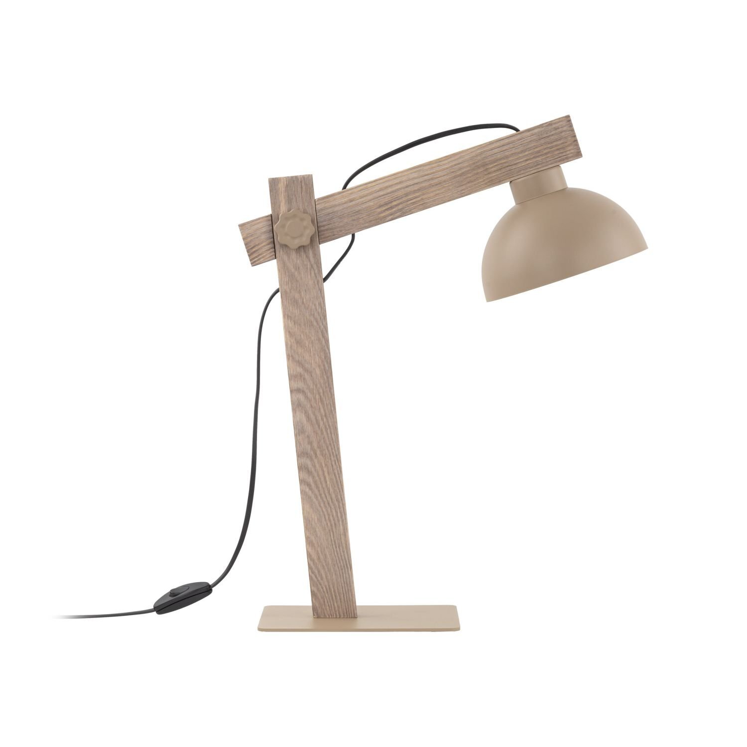 Beżowa lampa biurkowa z regulowanym ramieniem wykonanym z drewna i metalu. Posiada przewód z włącznikiem oraz klosz w kształcie półkuli.