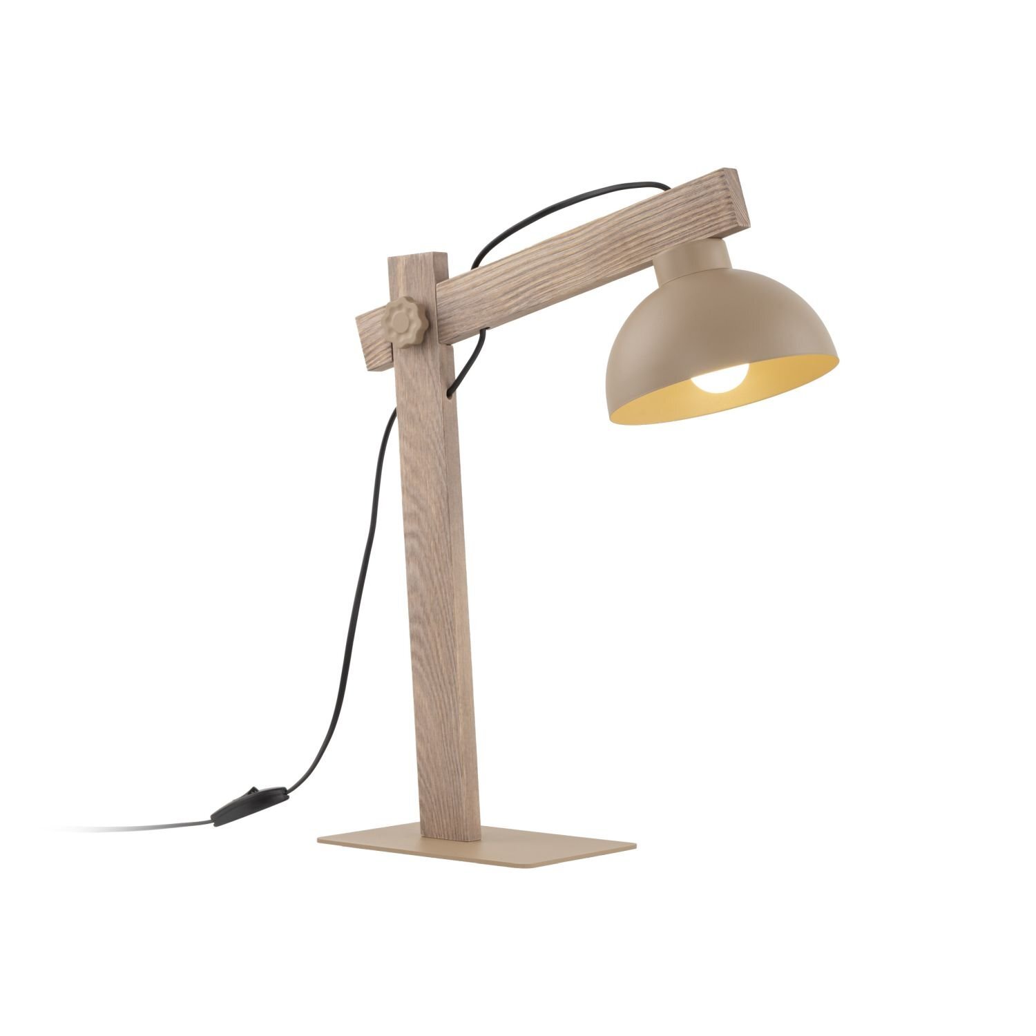 Beżowa lampa biurkowa z metalowym kloszem i drewnianą podstawą, z widocznym przewodem zasilającym. Lampa ma regulowane ramię i stoi na prostokątnej podstawie.