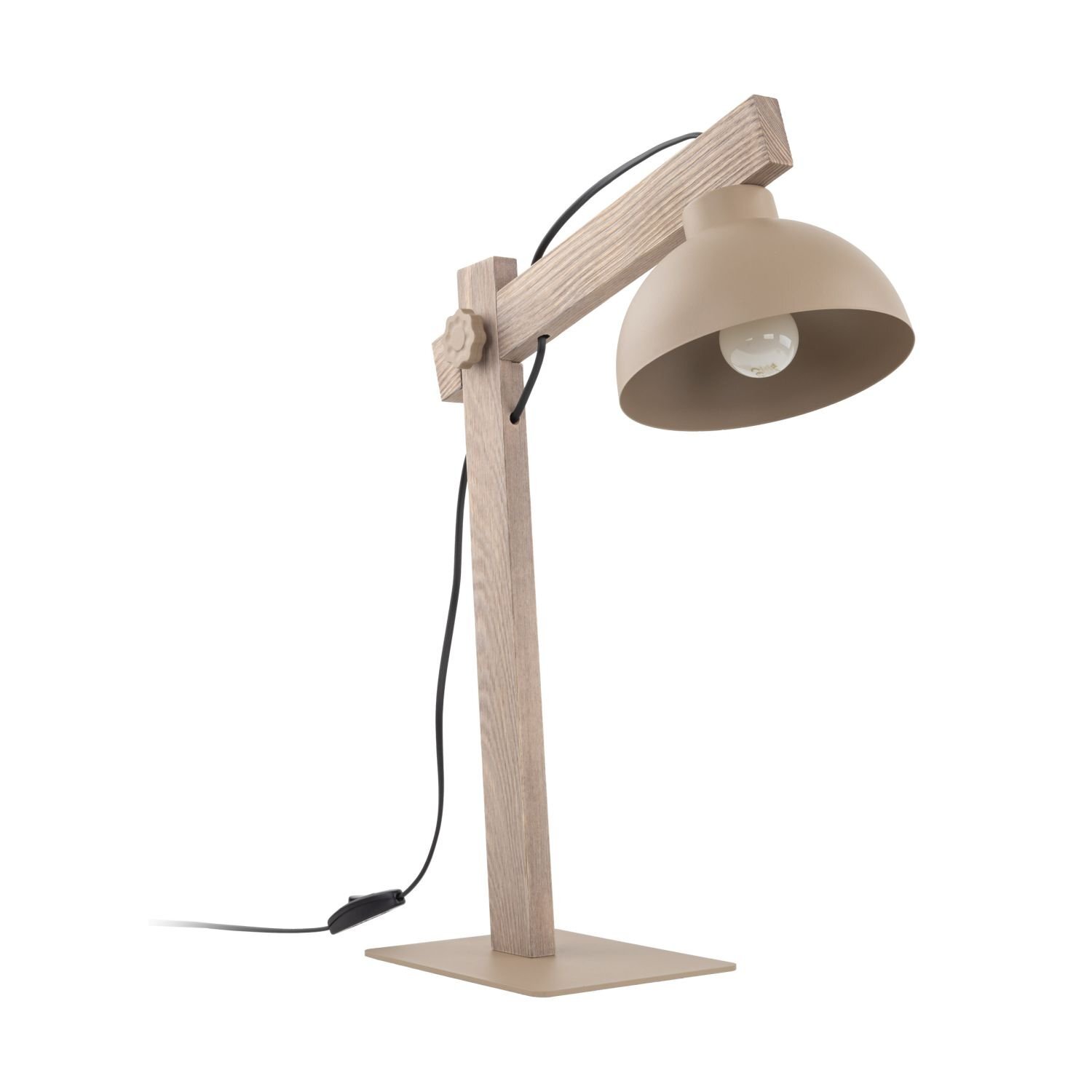 Beżowa lampa biurkowa z regulowanym ramieniem wykonanym z drewna i metalu, z kloszem w kształcie półkuli. Lampa posiada czarny przewód z włącznikiem.