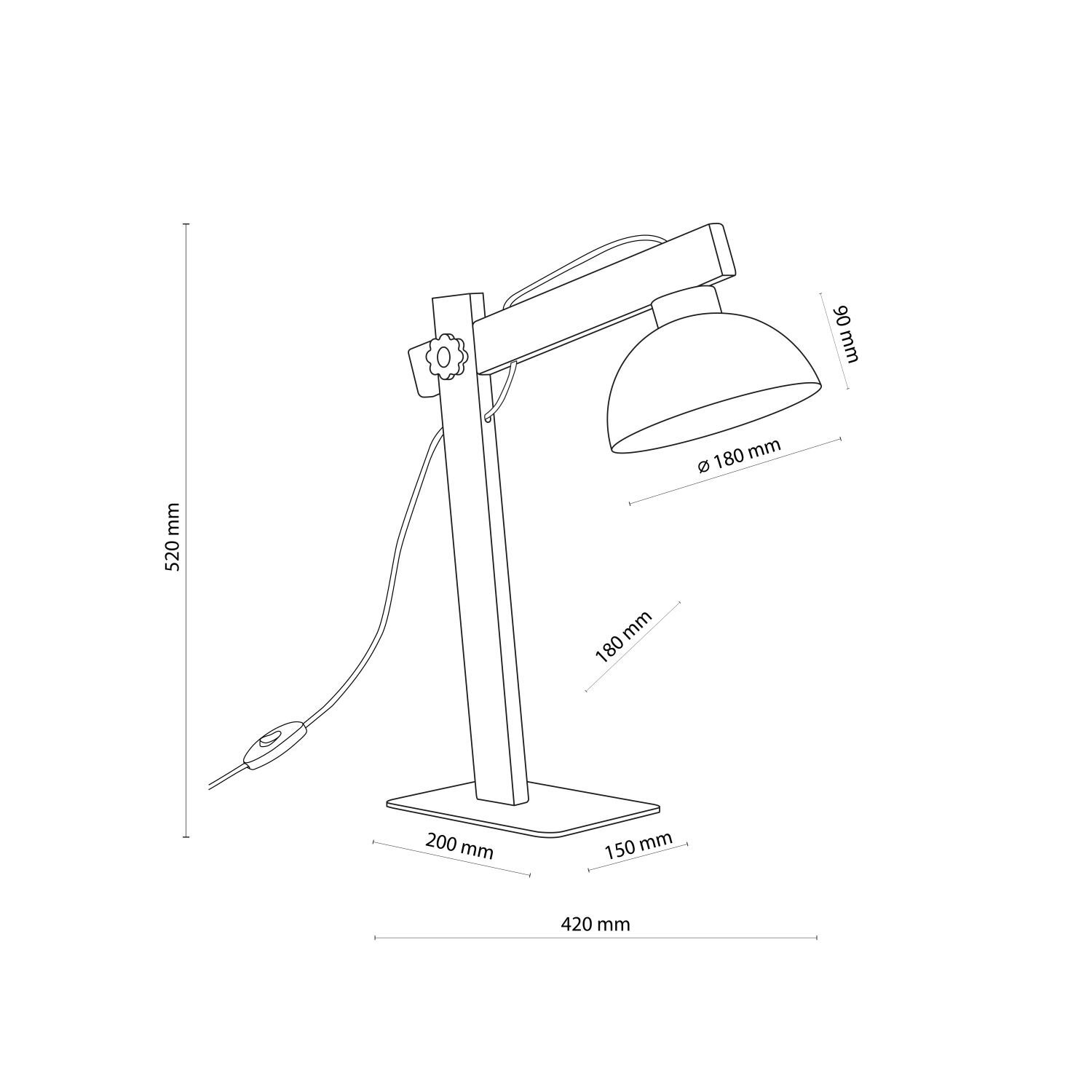 Schemat lampy biurkowej z wymiarami: wysokość 520 mm, szerokość podstawy 150 mm, długość podstawy 200 mm, długość ramienia 420 mm, średnica klosza 180 mm, wysokość klosza 90 mm, długość kabla 180 mm. Lampa posiada regulowane ramię i klosz, wykonana jest z metalu i drewna.