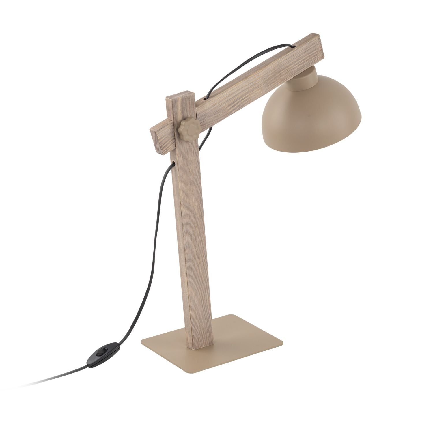 Beżowa lampa biurkowa z regulowanym ramieniem wykonanym z drewna i metalu, z kloszem w kształcie półkuli. Lampa posiada czarny przewód z włącznikiem.