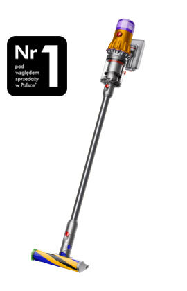Bezprzewodowy odkurzacz z kolorowym akcentem na uchwycie i szczotce, obok czarny znak z napisem \'Nr 1 pod względem sprzedaży w Polsce\'.