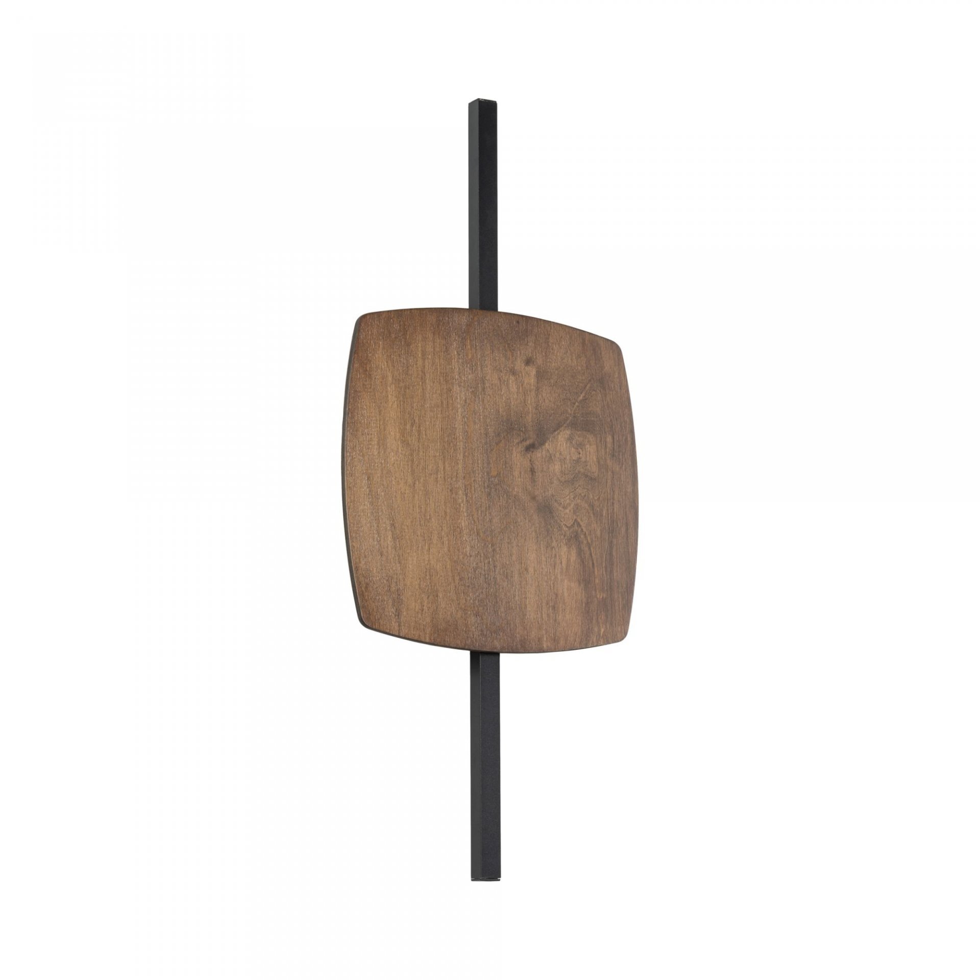 Kinkiet ścienny z drewnianym, brązowym panelem i czarnym, pionowym elementem montażowym. Lampa ma nowoczesny design.