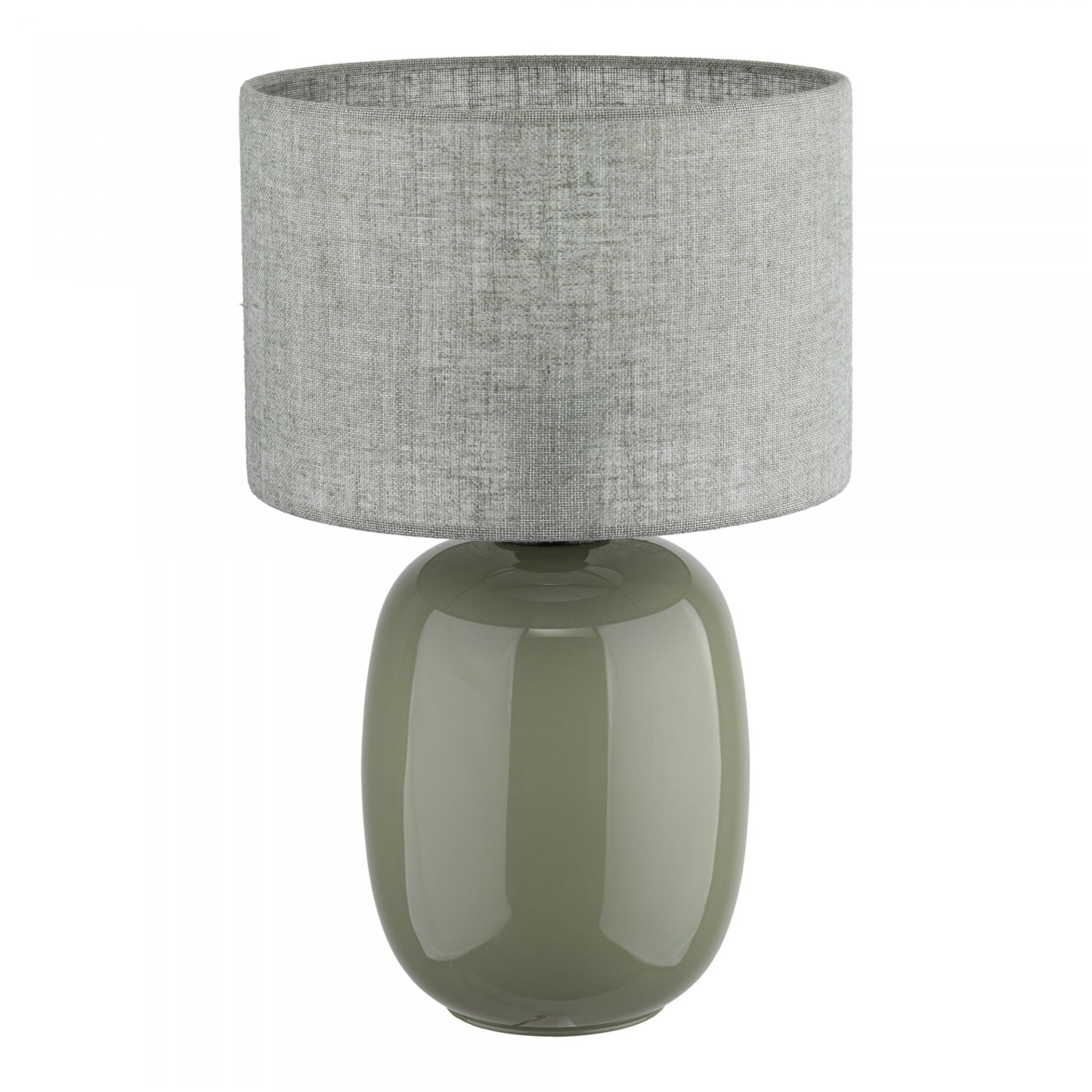 Lampa stołowa z oliwkową, błyszczącą podstawą i szarym, lnianym kloszem. Produkt przeznaczony do salonu i sypialni.