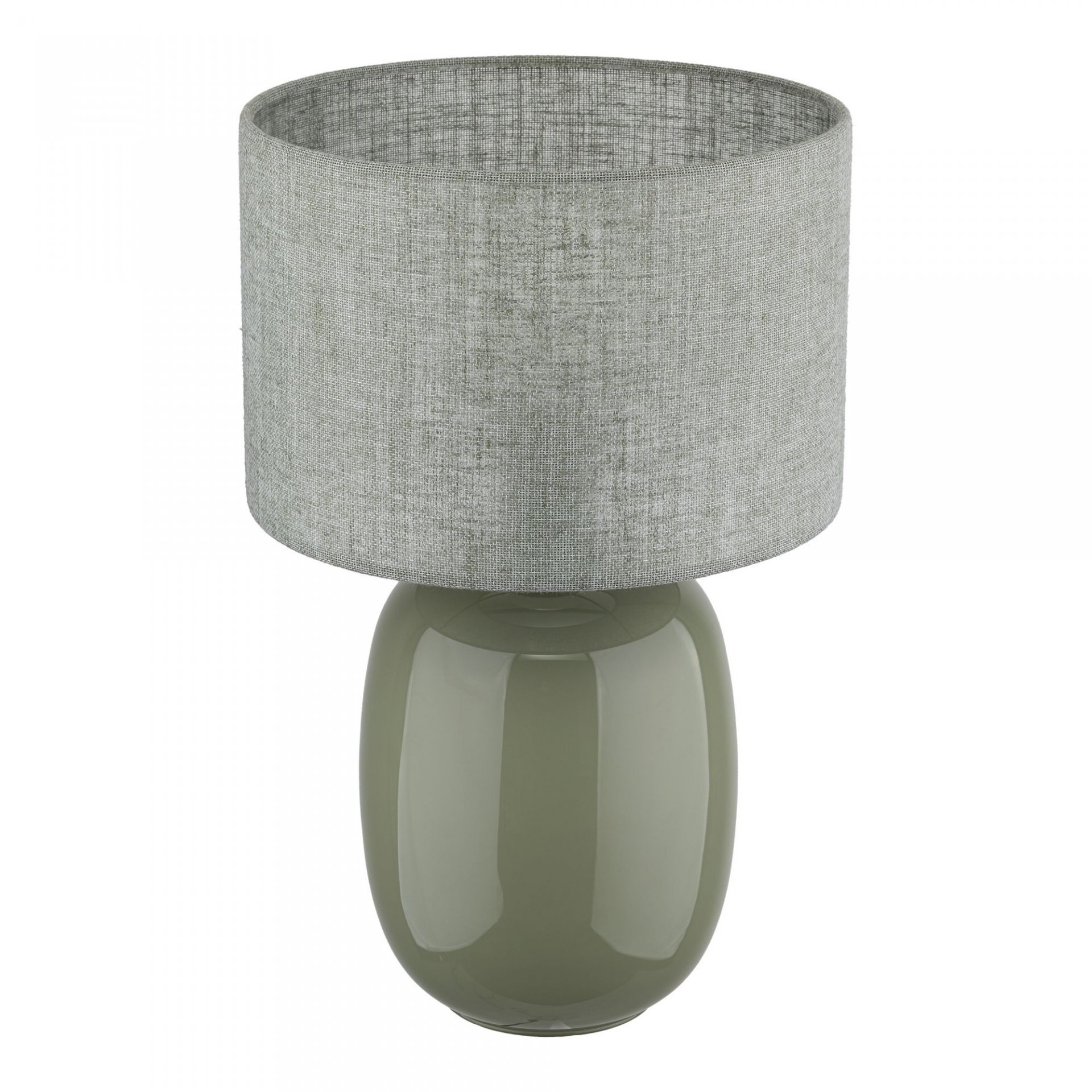 Lampa stołowa z oliwkową, błyszczącą podstawą i szarym, lnianym kloszem. Produkt ma prosty, elegancki design.