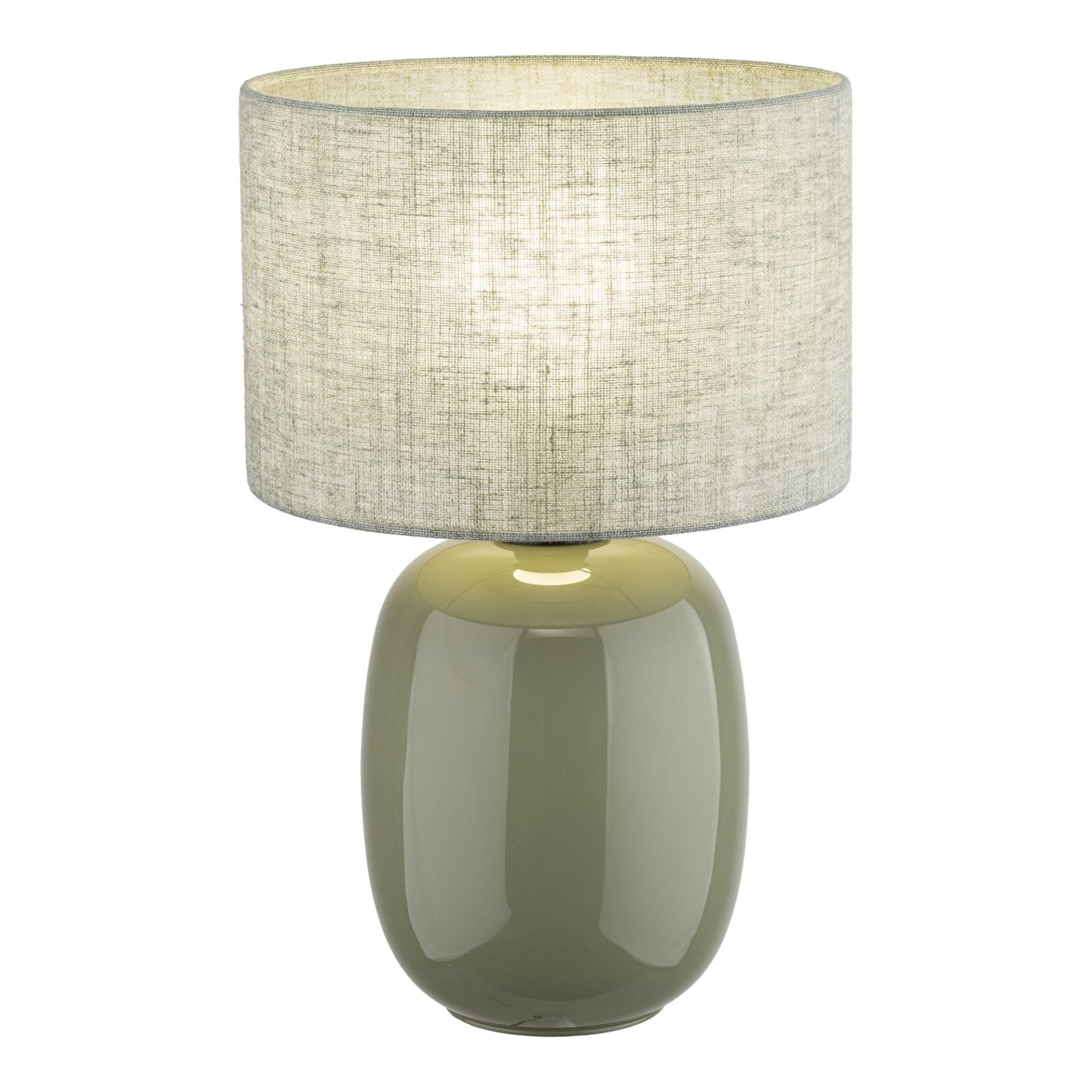 Lampa stołowa z oliwkową, błyszczącą podstawą i lnianym kloszem w jasnym kolorze. Klosz ma cylindryczny kształt i delikatną teksturę materiału.