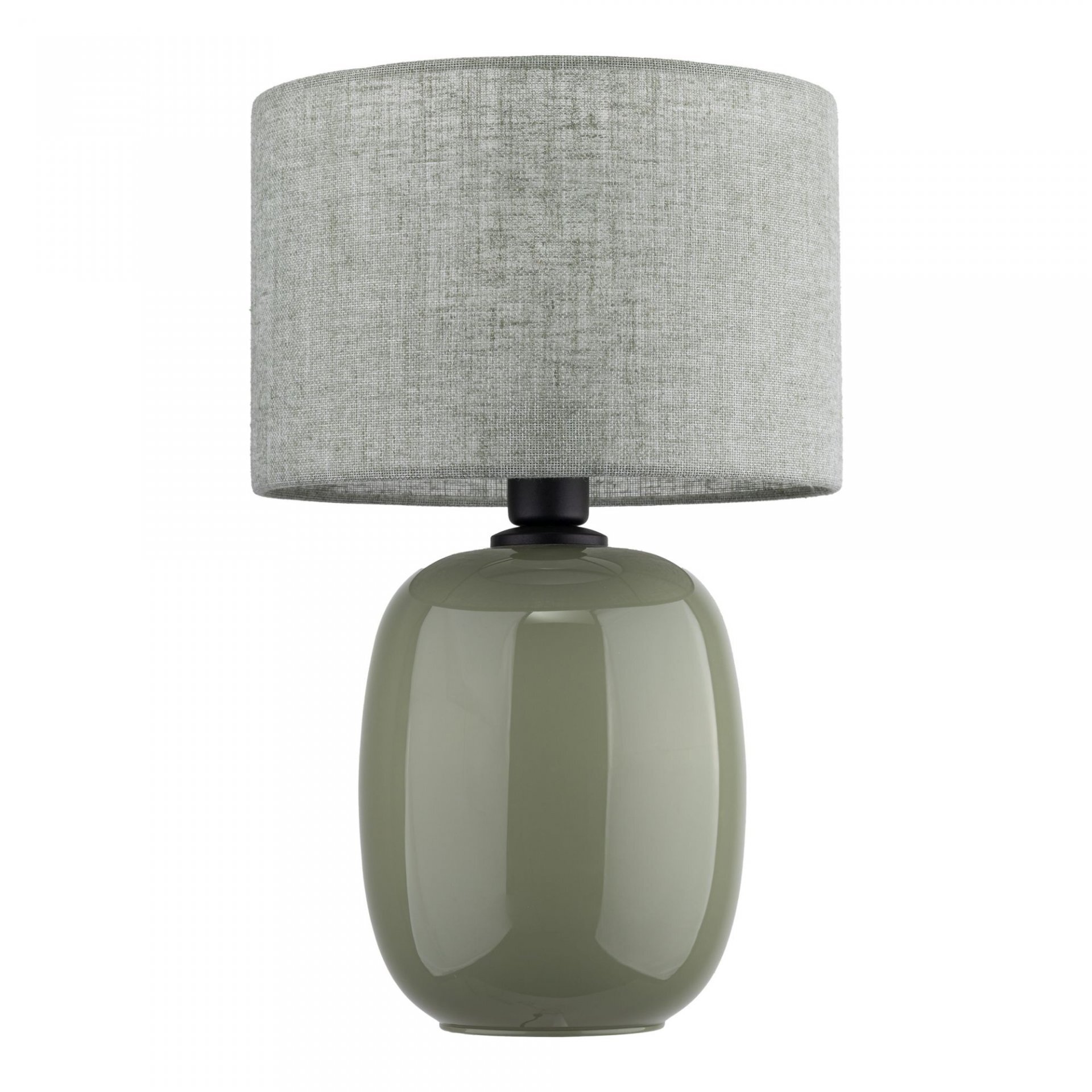 Lampa stołowa z oliwkową, błyszczącą podstawą i lnianym kloszem w szarym odcieniu. Produkt ma prosty, elegancki design.