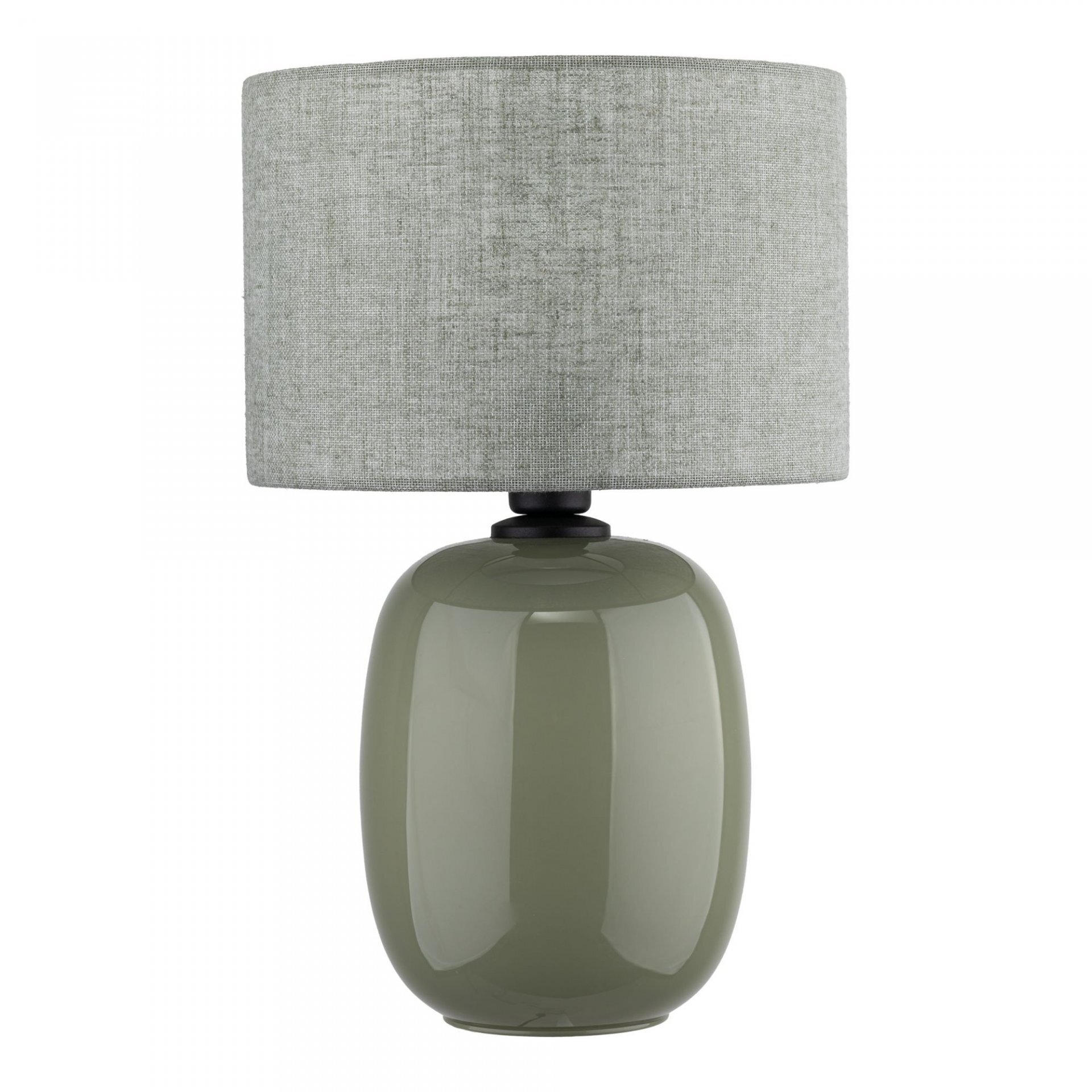 Lampa stołowa z oliwkową, błyszczącą podstawą i szarym, lnianym kloszem. Produkt ma prosty, elegancki design.