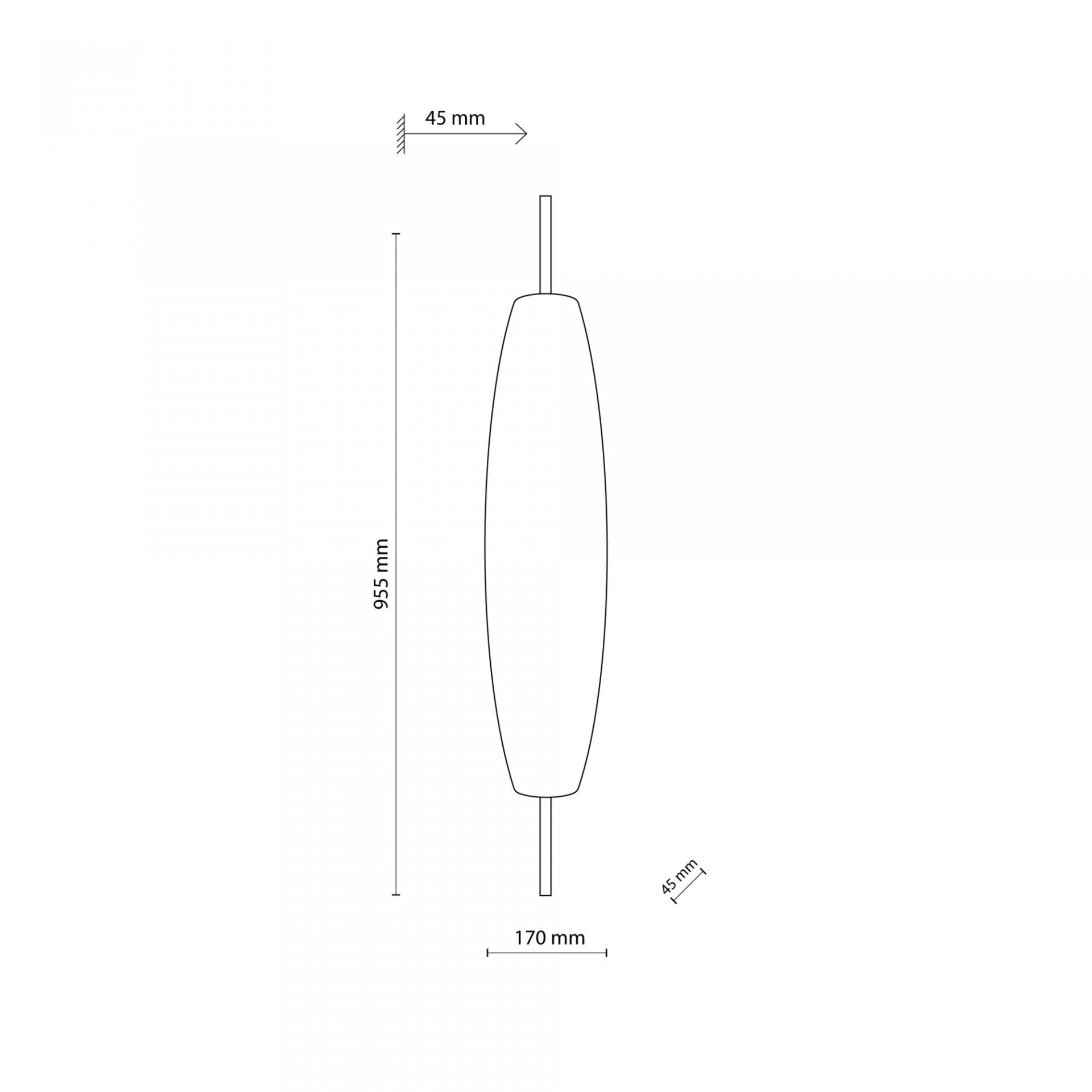 Schematyczny rysunek kinkietu LED o wymiarach 955 mm wysokości, 170 mm szerokości i 45 mm głębokości. Widoczne są linie wymiarowe z oznaczeniami liczbowymi.